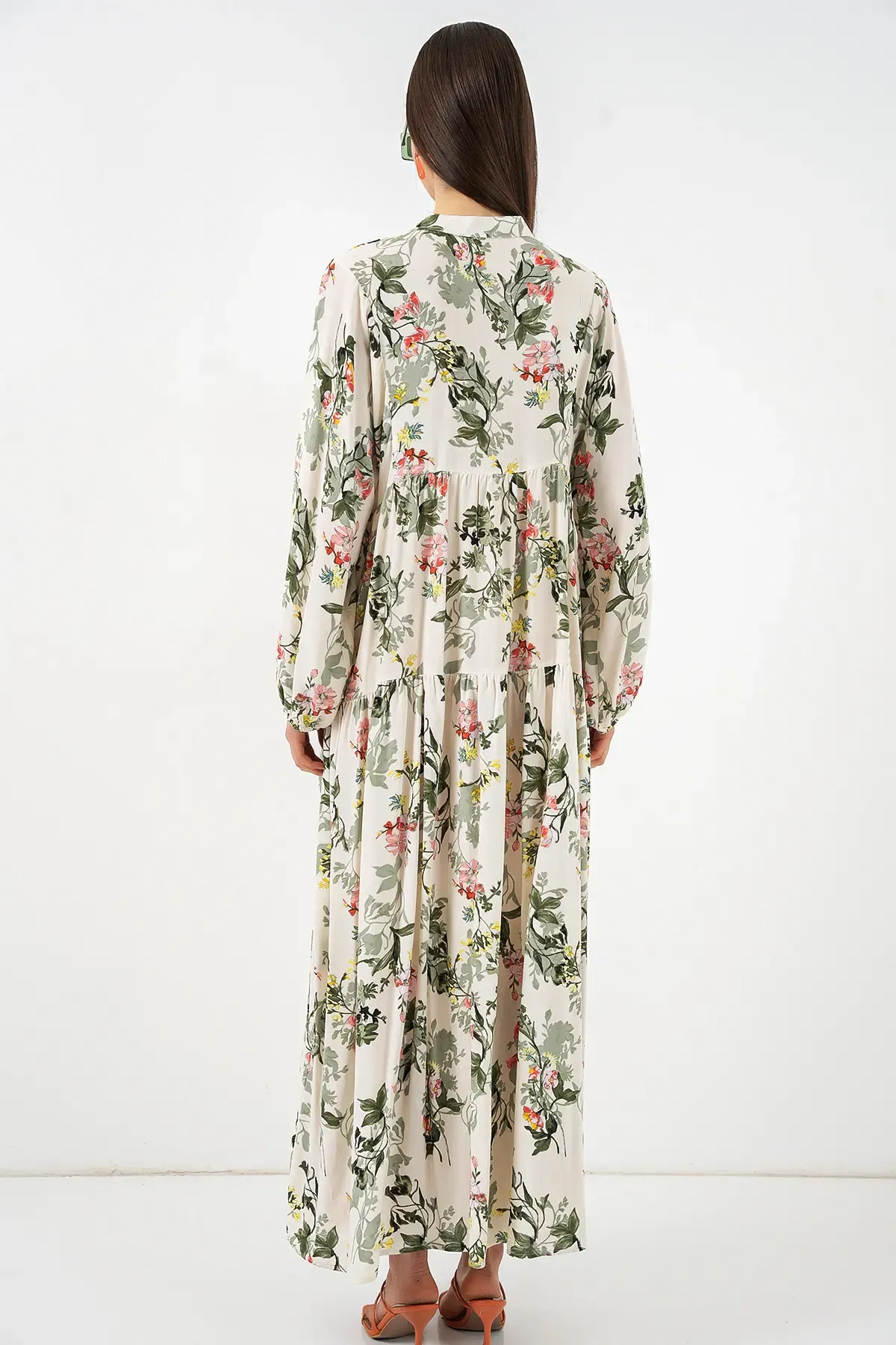 Kadın Desenli Uzun Tesettür Elbise 2585 - C. Çağla