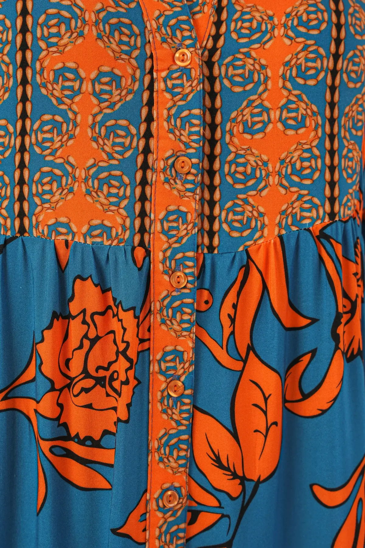 Kadın Desenli Uzun Tesettür Elbise 2585 - C. Turuncu