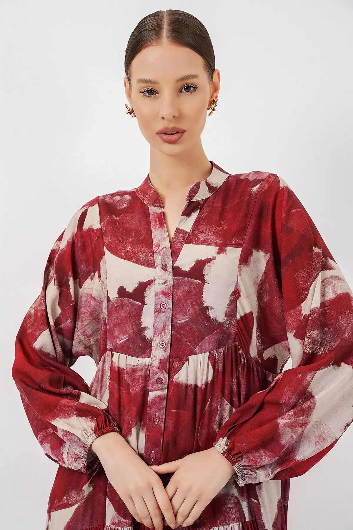 Kadın Desenli Uzun Tesettür Elbise 2585 - D. Bordo