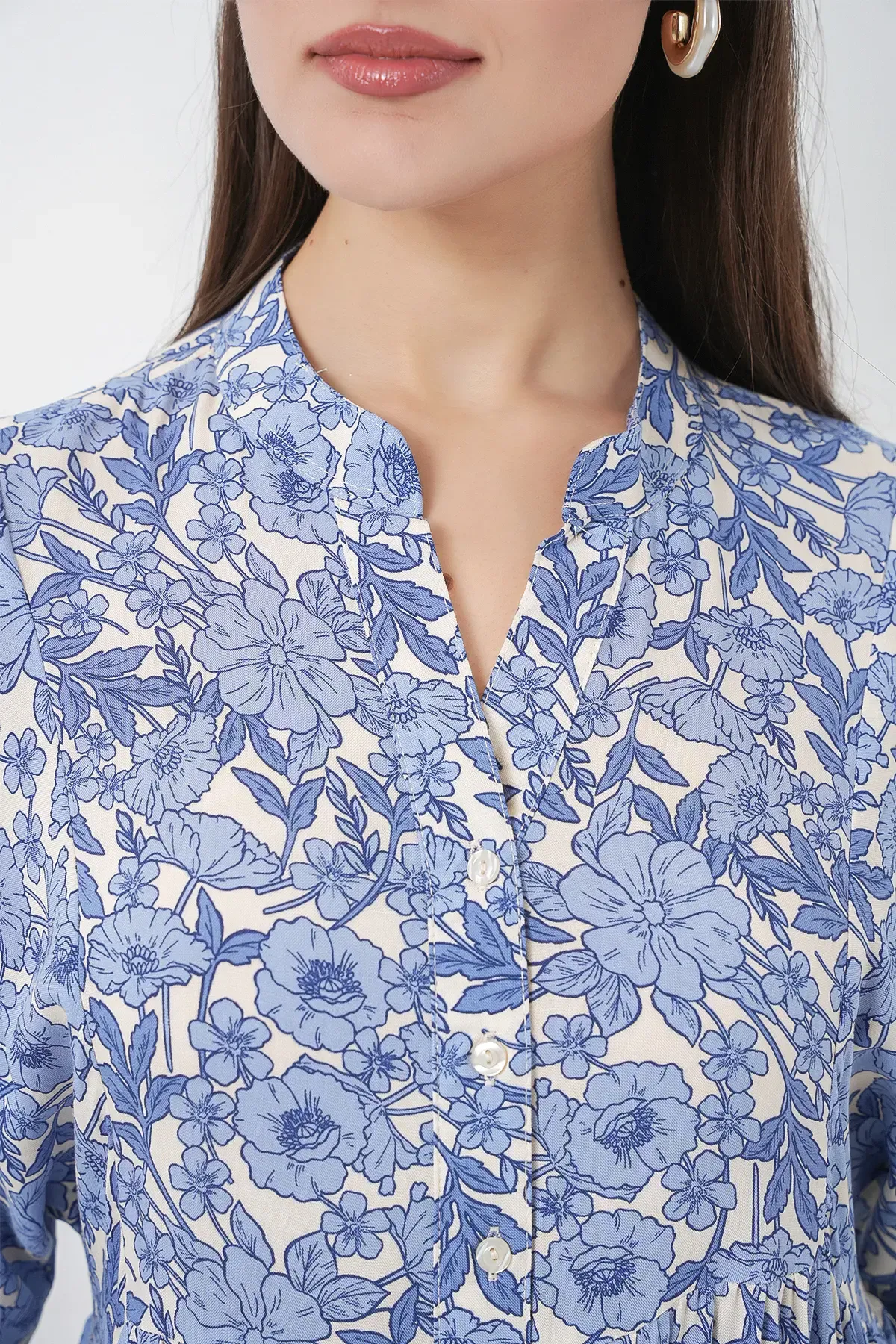 Kadın Desenli Uzun Tesettür Elbise 2585 - D. İndigo