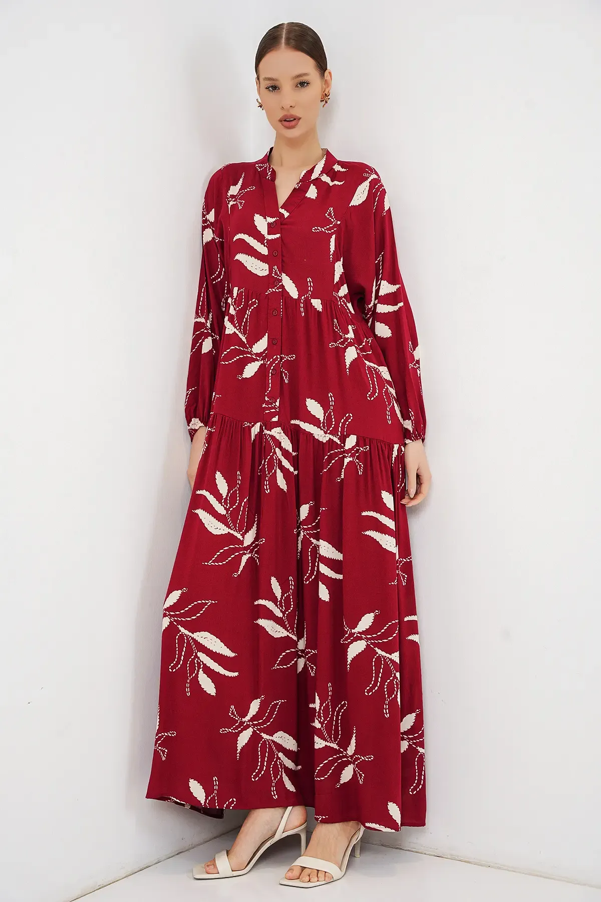 Kadın Desenli Uzun Tesettür Elbise 2585 - E. Bordo