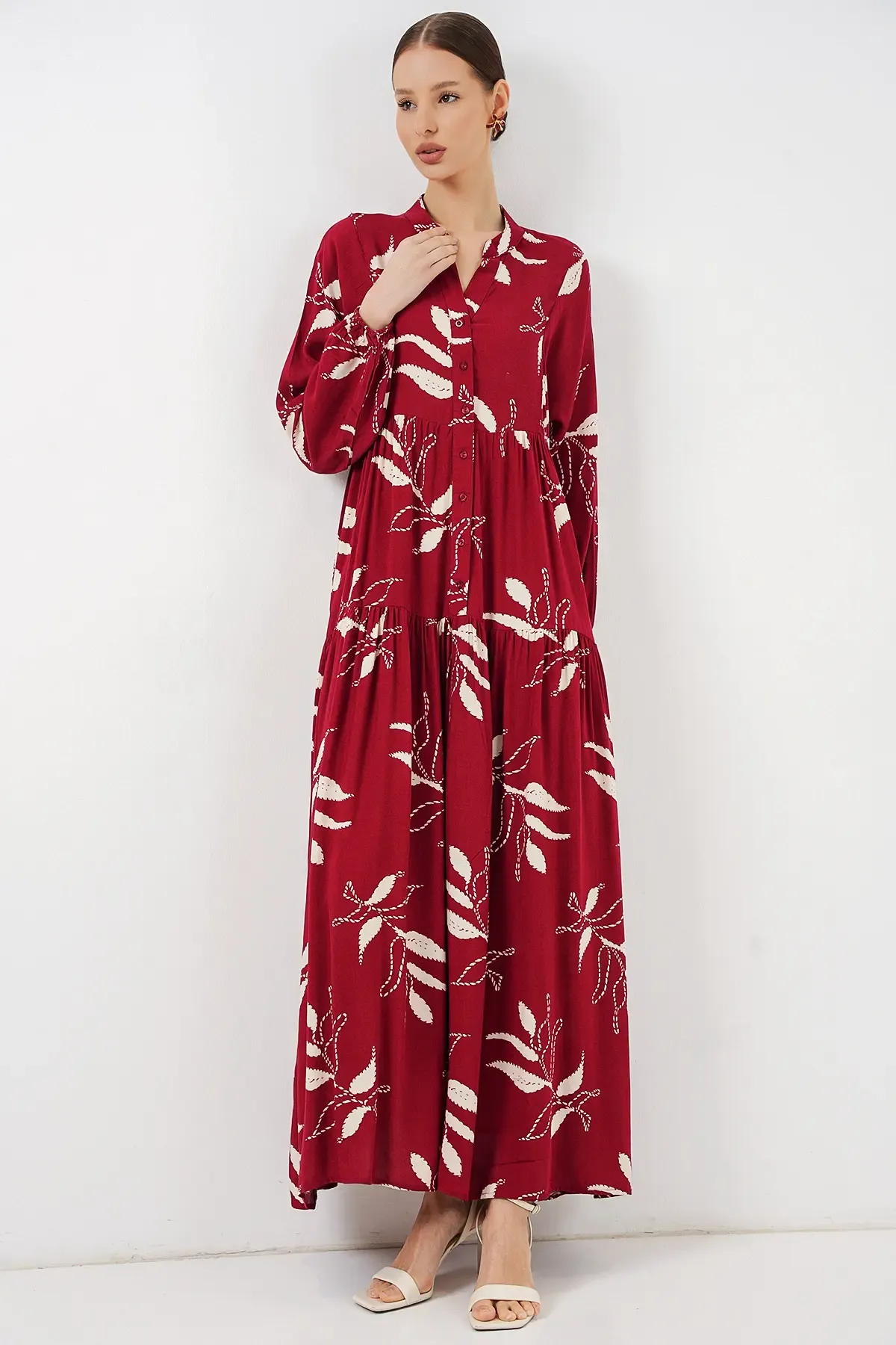 Kadın Desenli Uzun Tesettür Elbise 2585 - E. Bordo