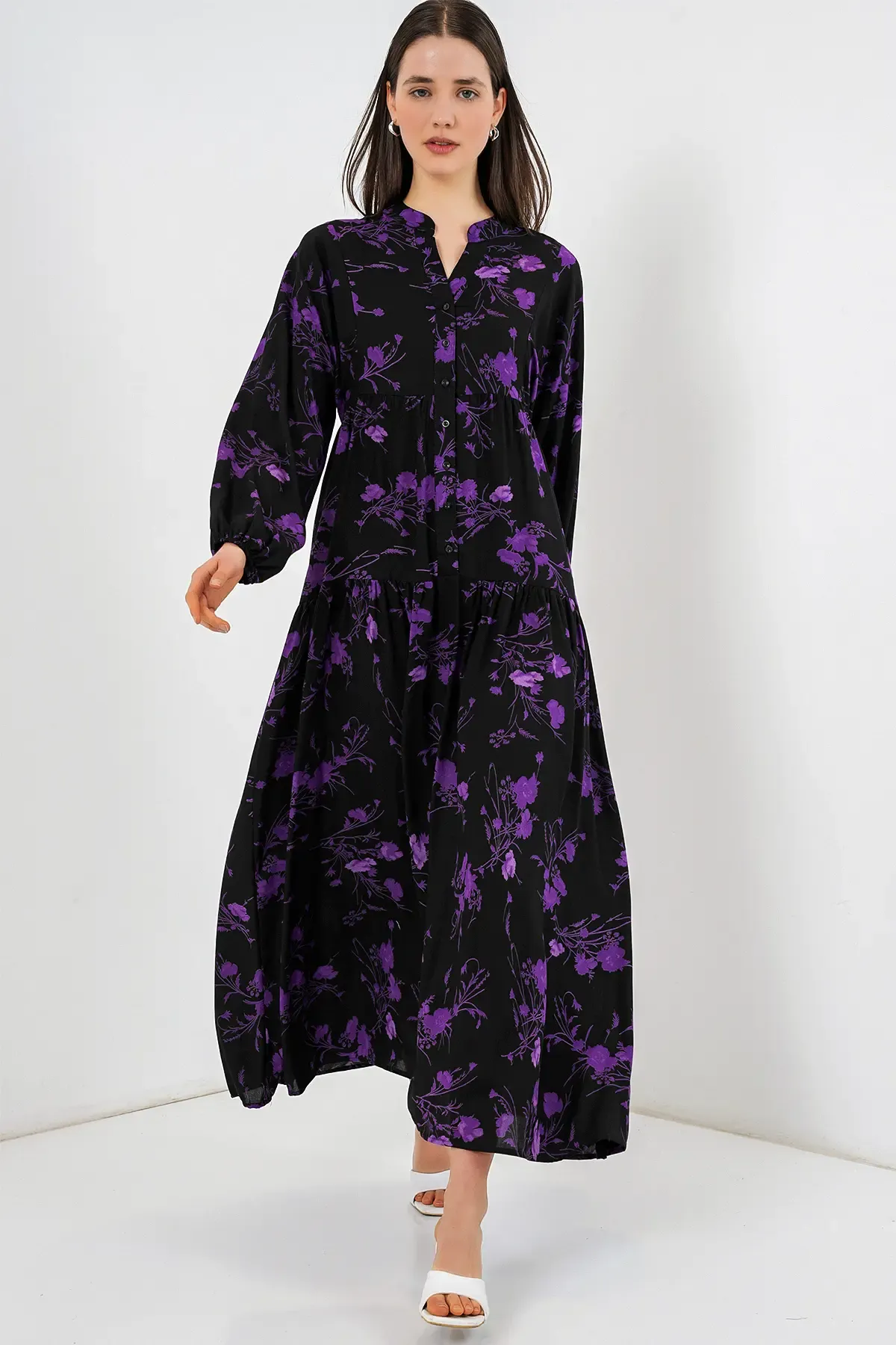 Kadın Desenli Uzun Tesettür Elbise 2585 - E.Siyah