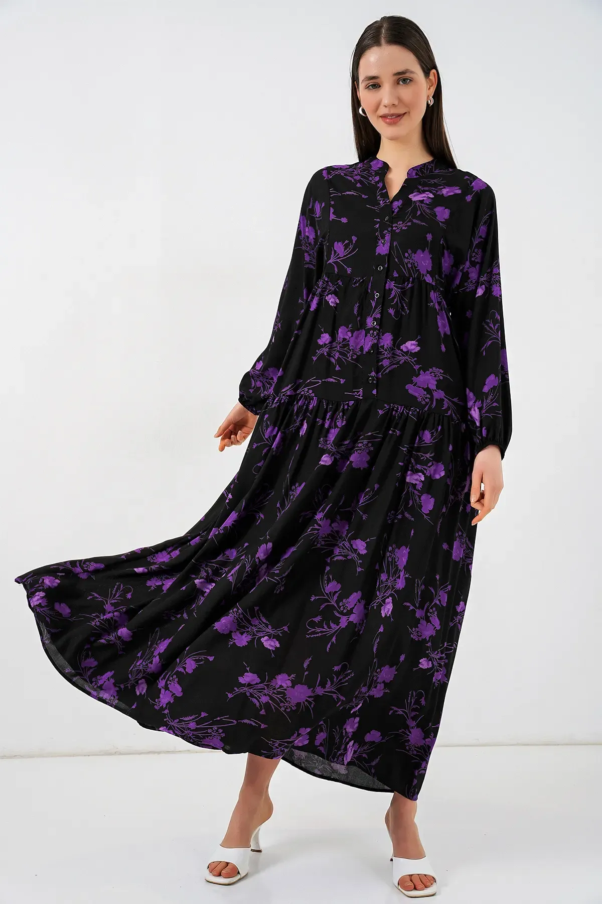 Kadın Desenli Uzun Tesettür Elbise 2585 - E.Siyah