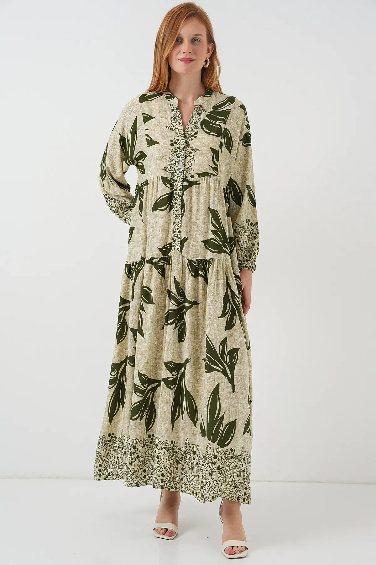 Kadın Desenli Uzun Tesettür Elbise 2585 - E.Yeşil