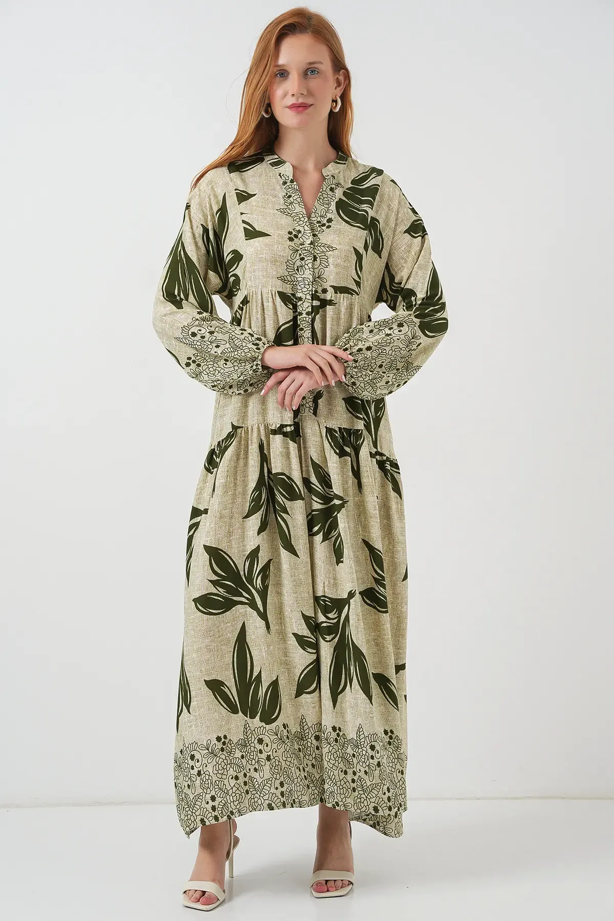 Kadın Desenli Uzun Tesettür Elbise 2585 - E.Yeşil