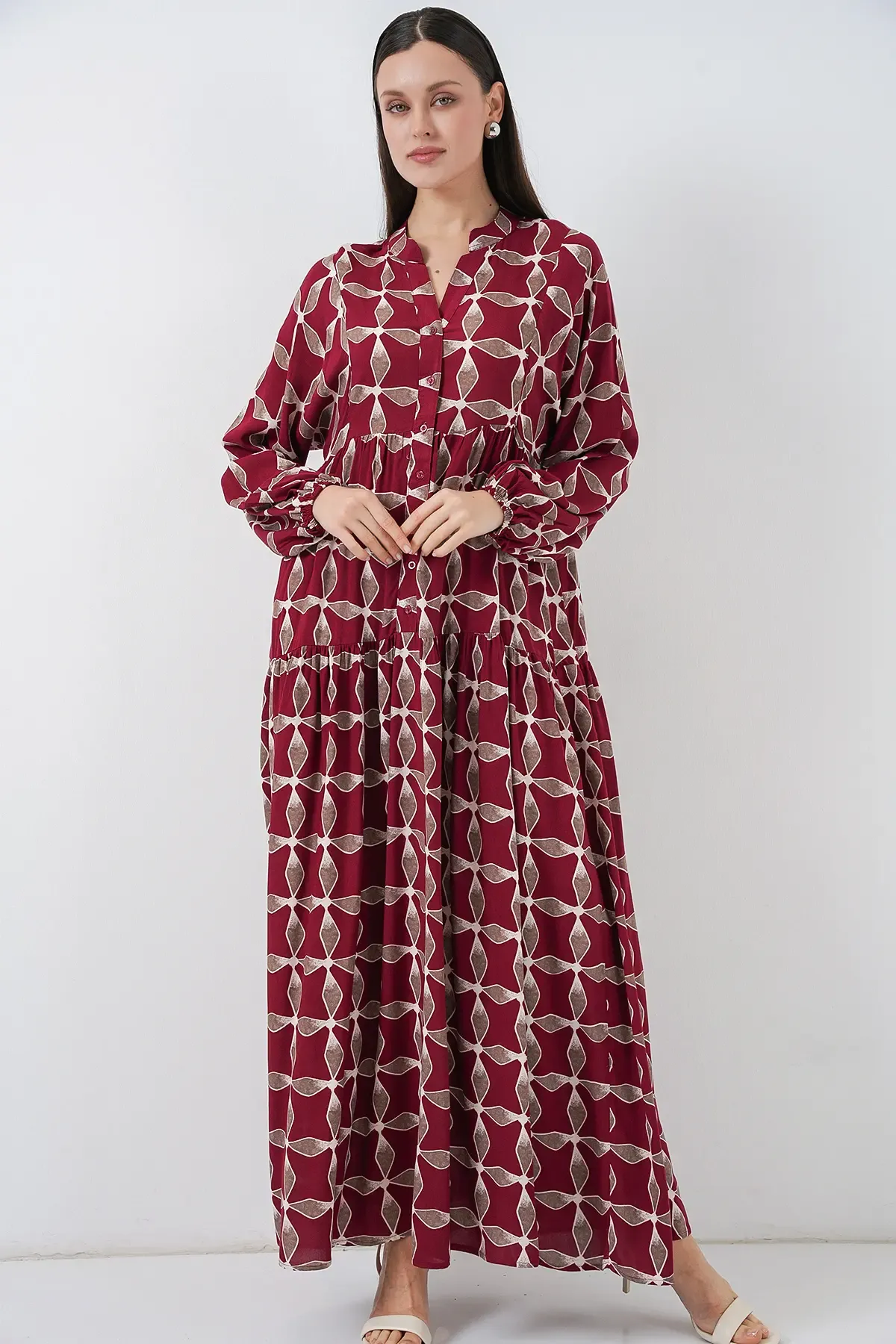 Kadın Desenli Uzun Tesettür Elbise 2585 - F.Bordo
