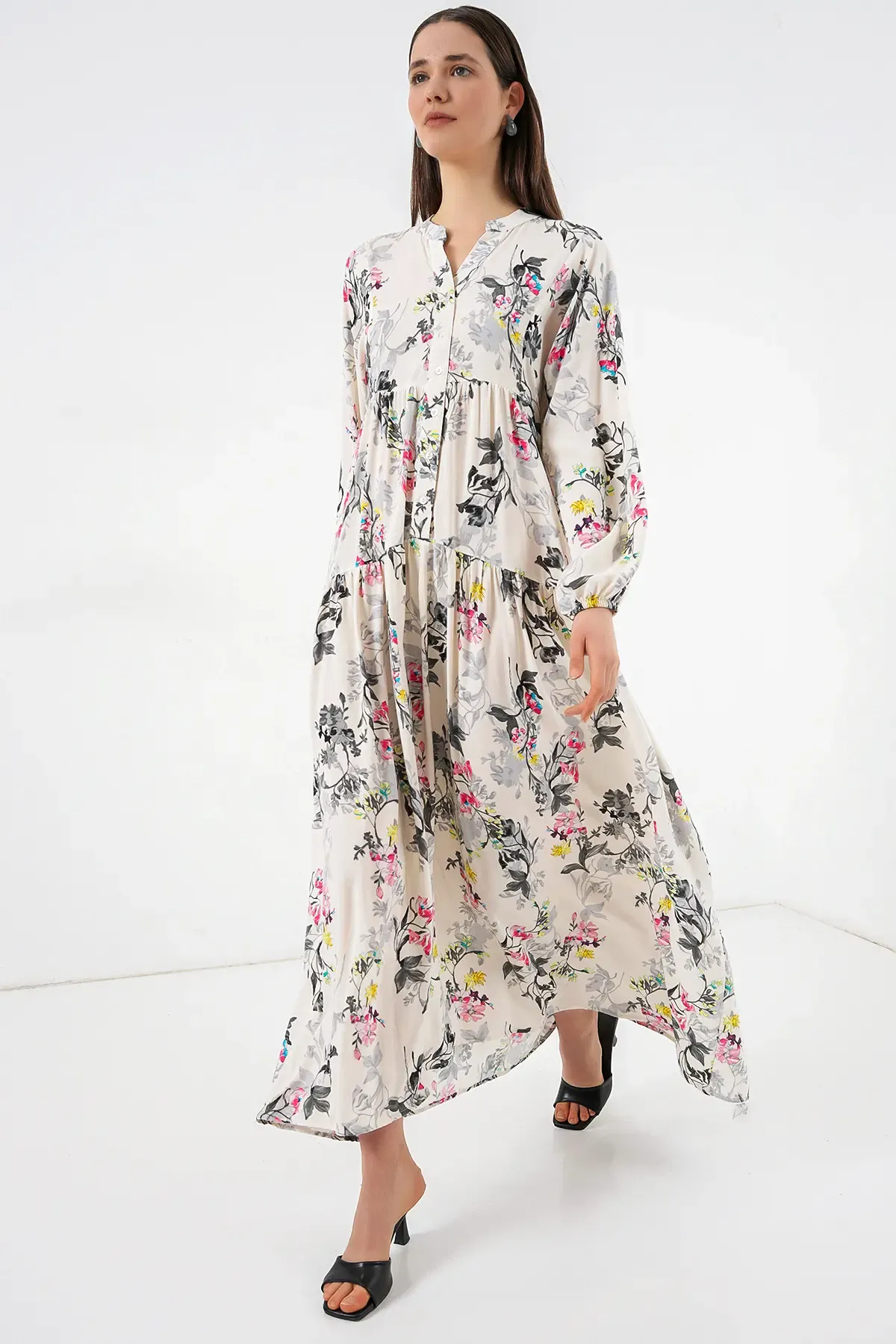 Kadın Desenli Uzun Tesettür Elbise 2585 - F.Gri