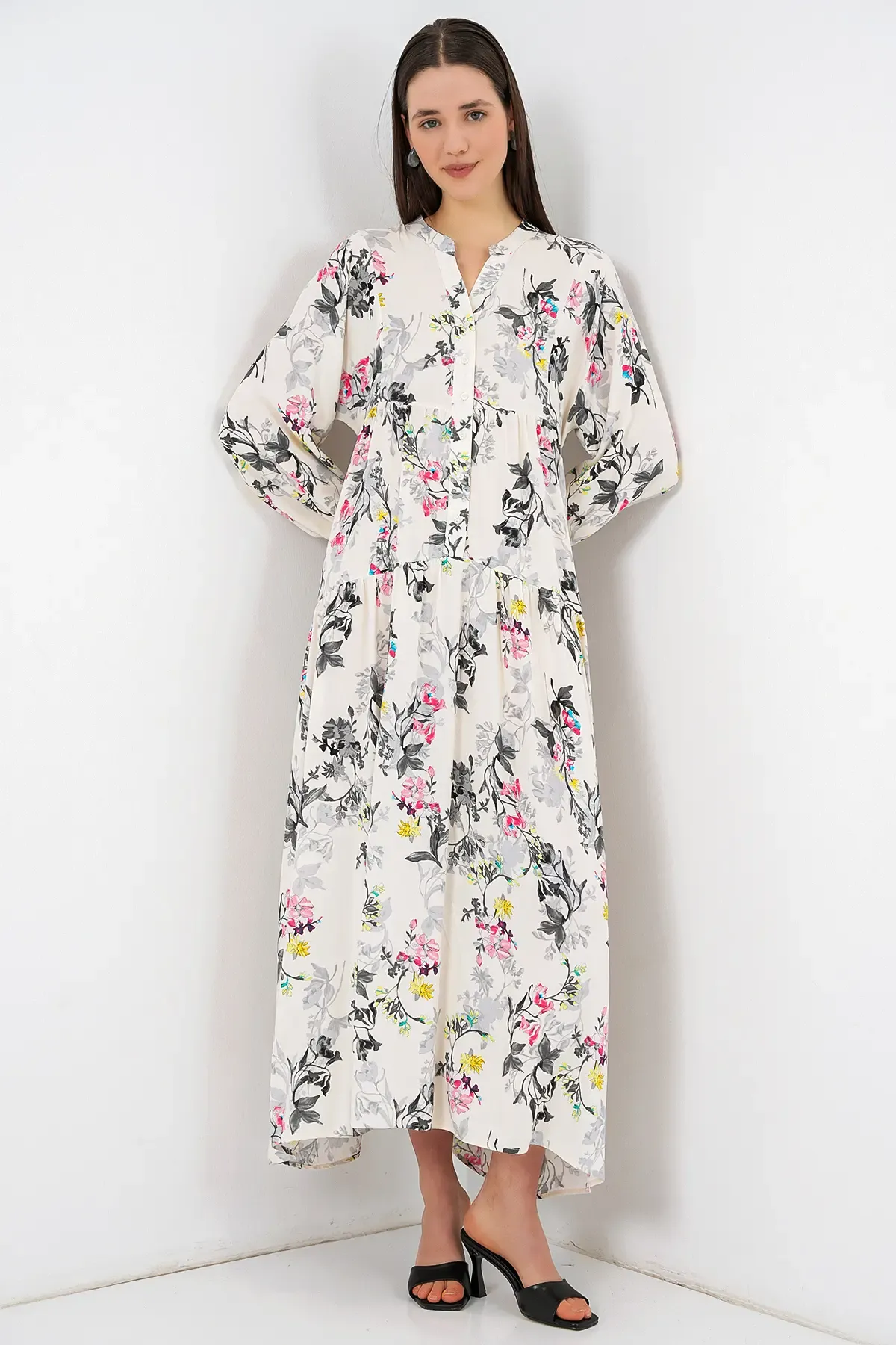 Kadın Desenli Uzun Tesettür Elbise 2585 - F.Gri