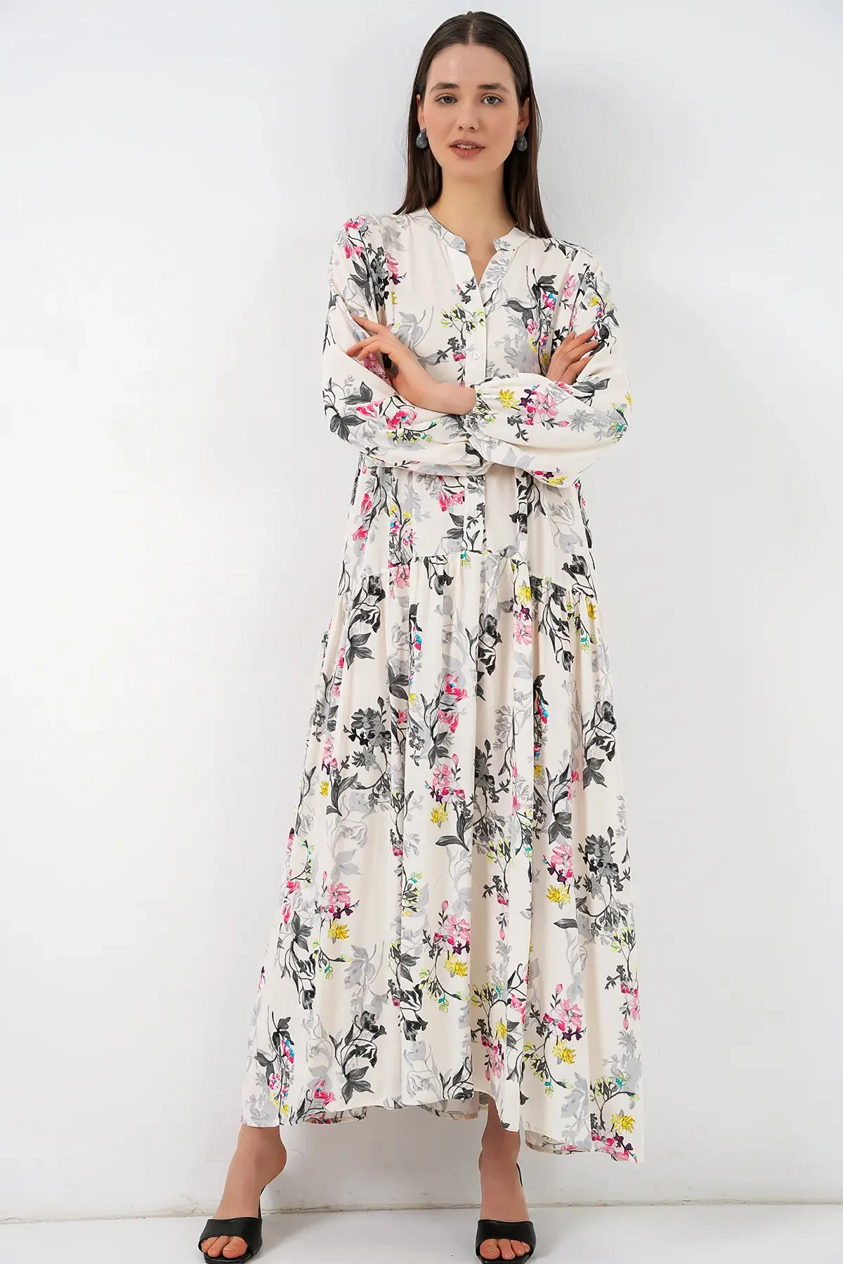 Kadın Desenli Uzun Tesettür Elbise 2585 - F.Gri