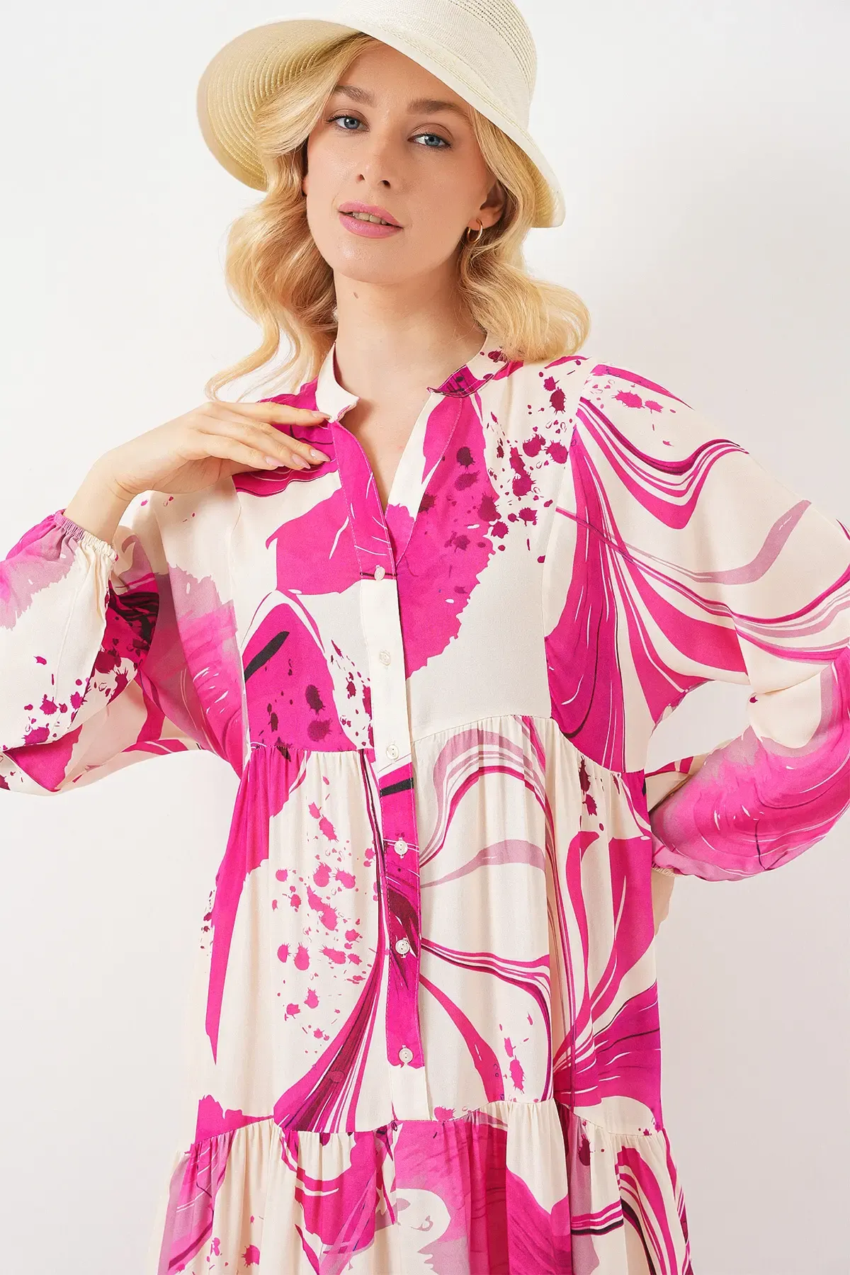 Kadın Desenli Uzun Tesettür Elbise 2585 - Fuşya