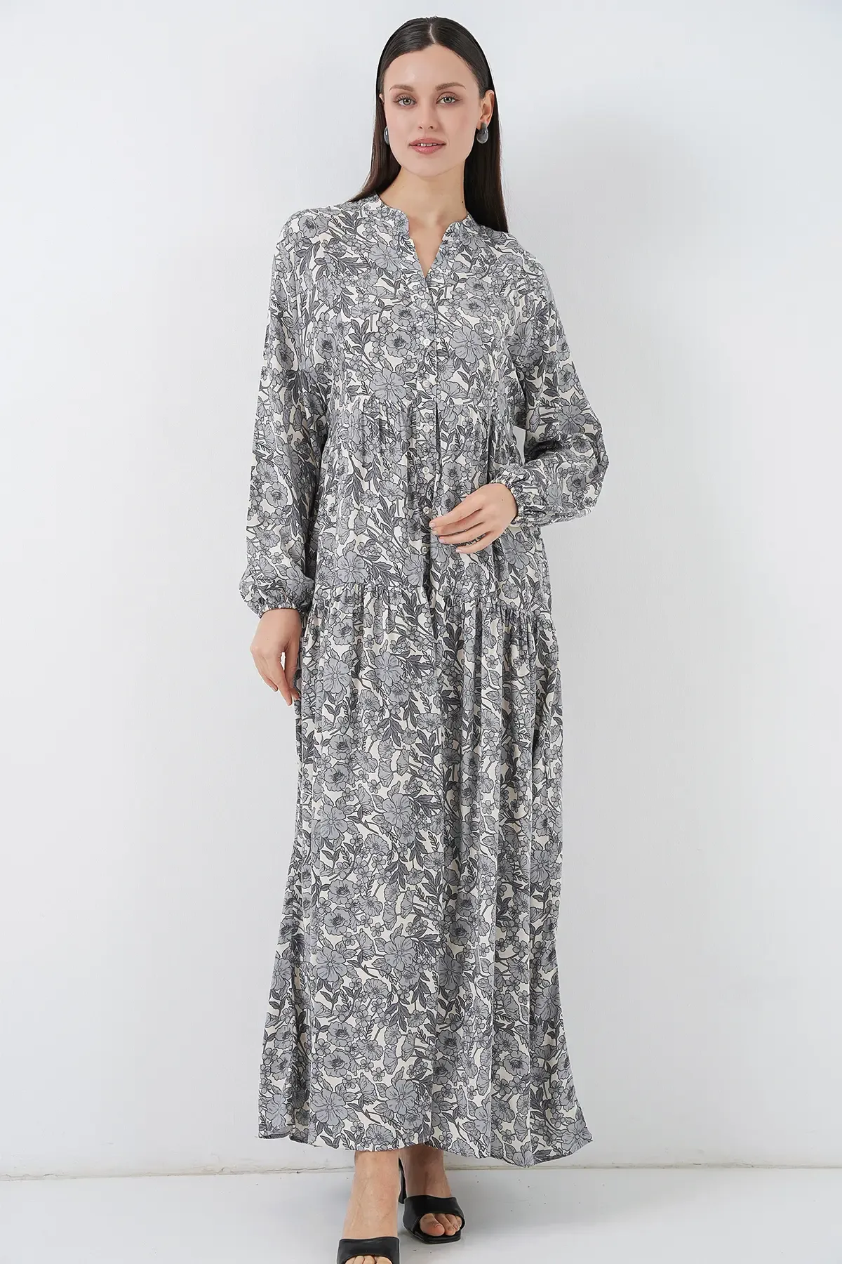 Kadın Desenli Uzun Tesettür Elbise 2585 - Gri