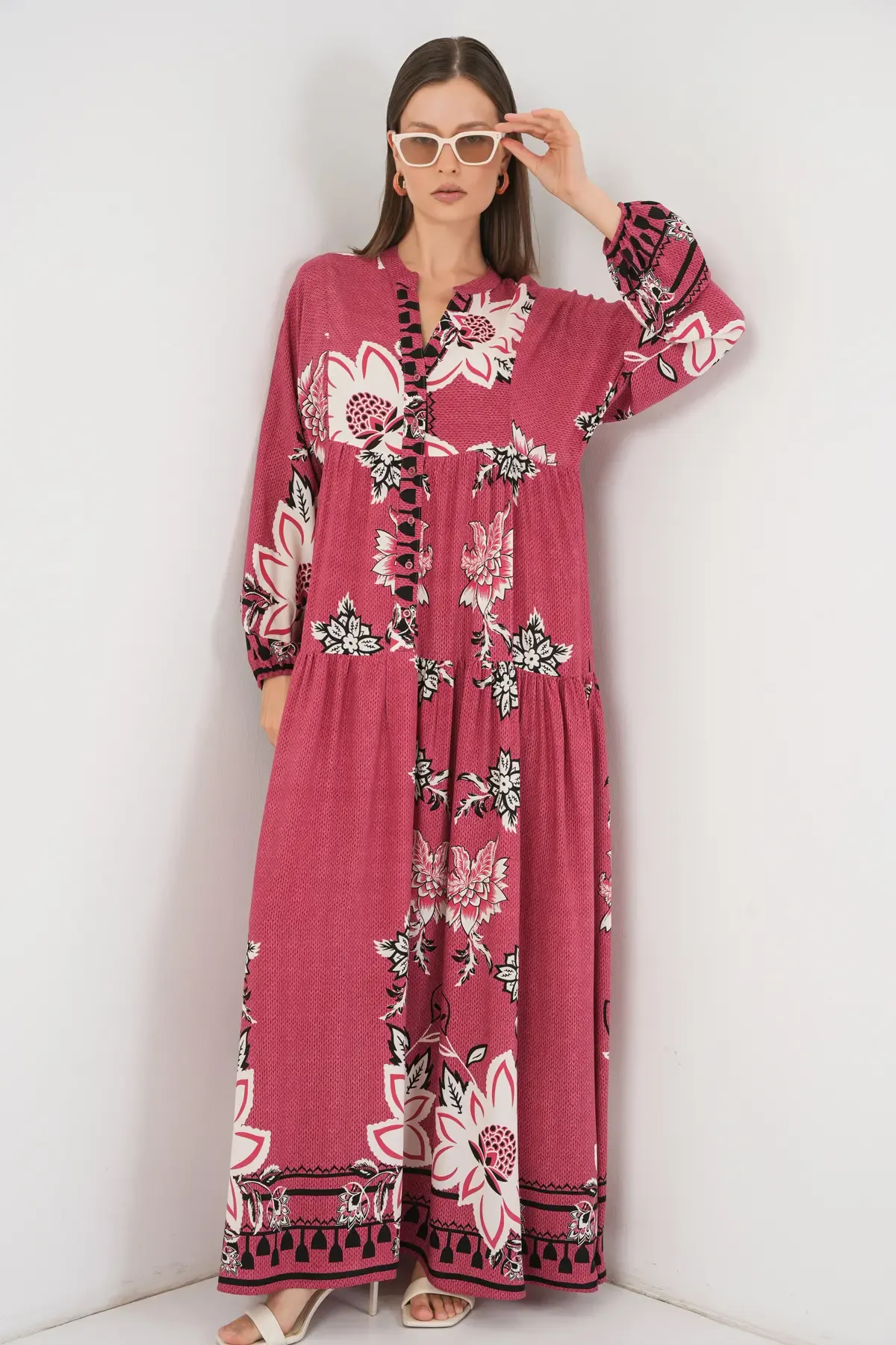 Kadın Desenli Uzun Tesettür Elbise 2585 - Gül Kurusu