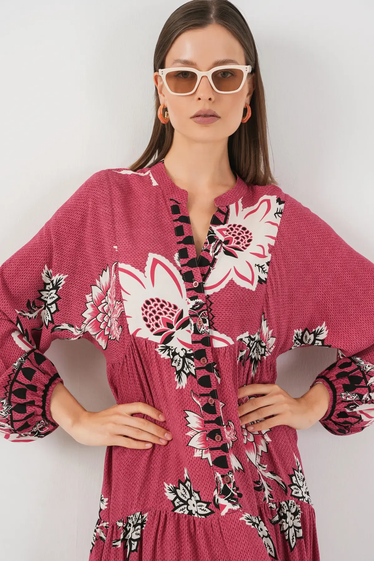 Kadın Desenli Uzun Tesettür Elbise 2585 - Gül Kurusu