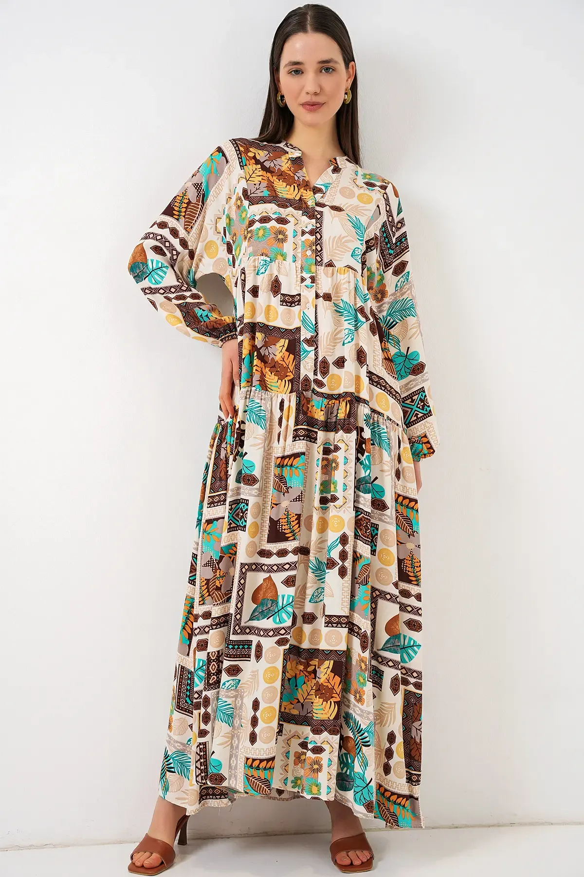 Kadın Desenli Uzun Tesettür Elbise 2585 - H. Kahverengi