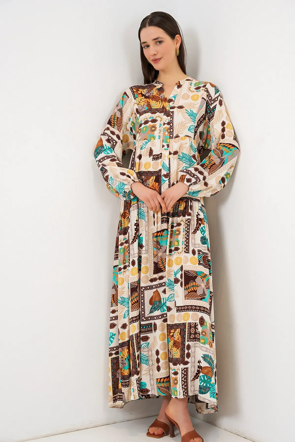 Kadın Desenli Uzun Tesettür Elbise 2585 - H. Kahverengi