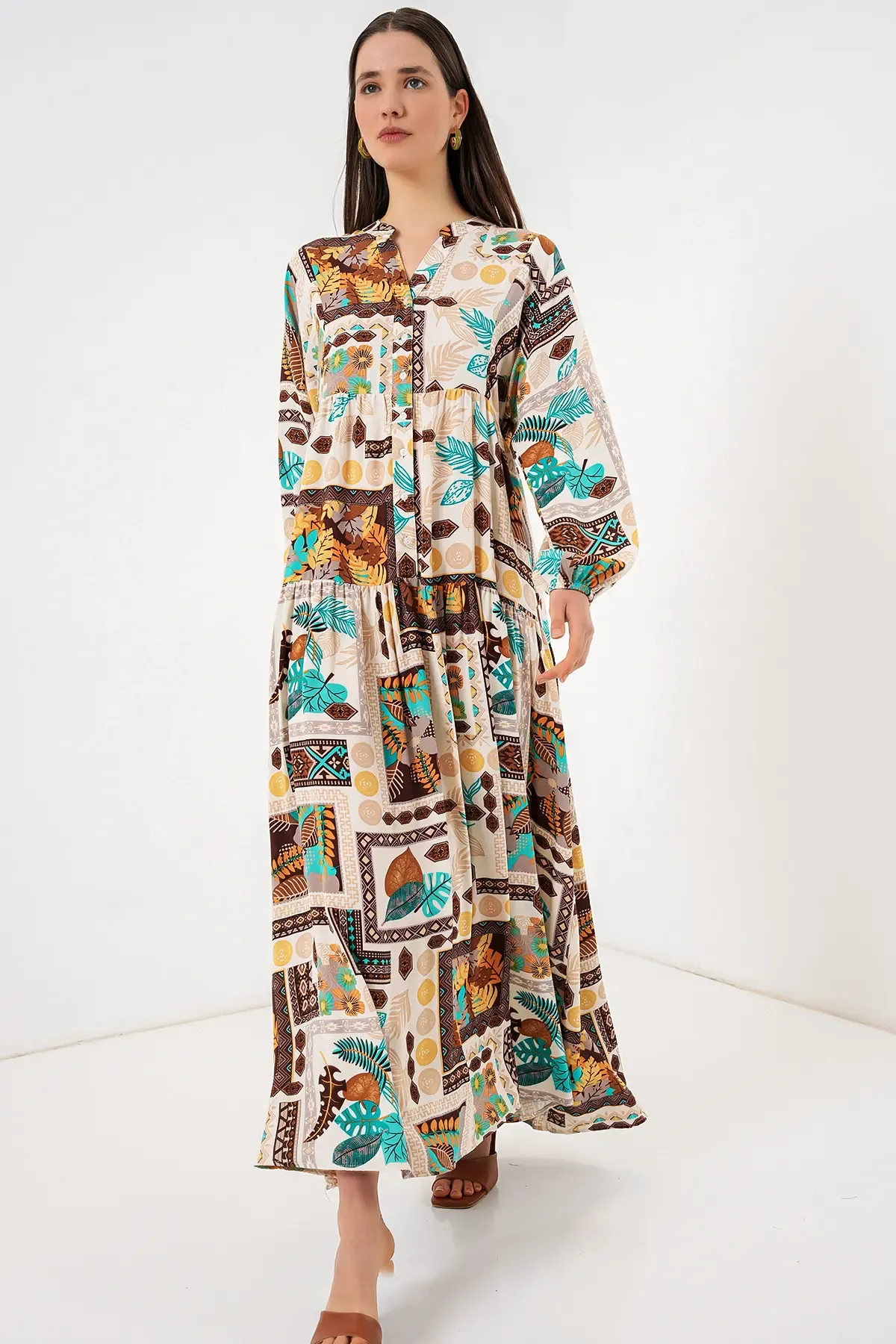 Kadın Desenli Uzun Tesettür Elbise 2585 - H. Kahverengi