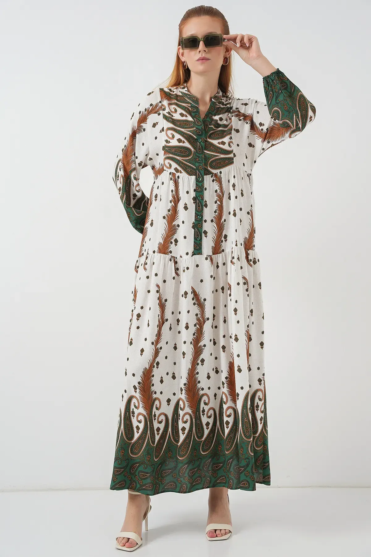 Kadın Desenli Uzun Tesettür Elbise 2585 - Hardal