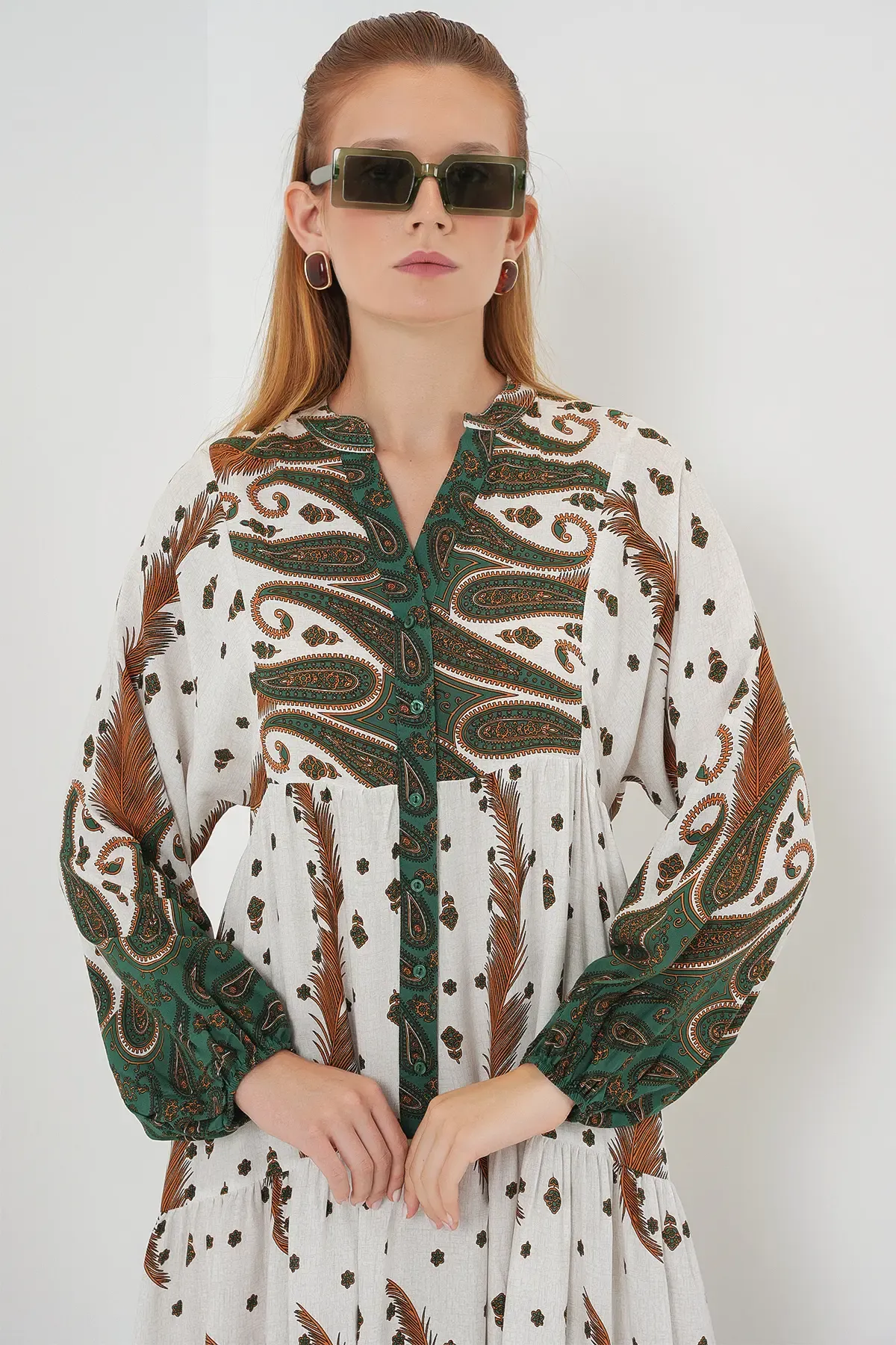 Kadın Desenli Uzun Tesettür Elbise 2585 - Hardal