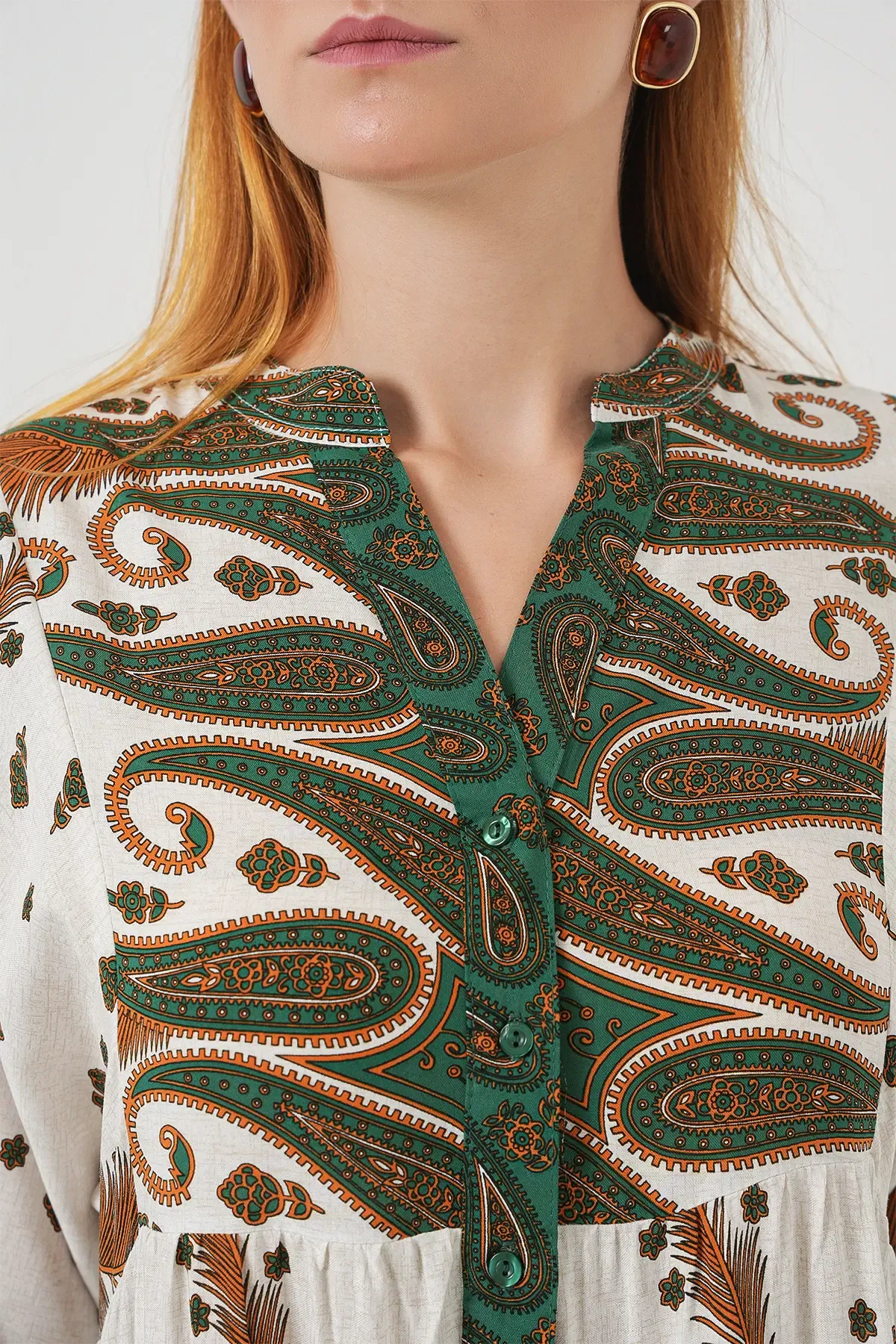 Kadın Desenli Uzun Tesettür Elbise 2585 - Hardal