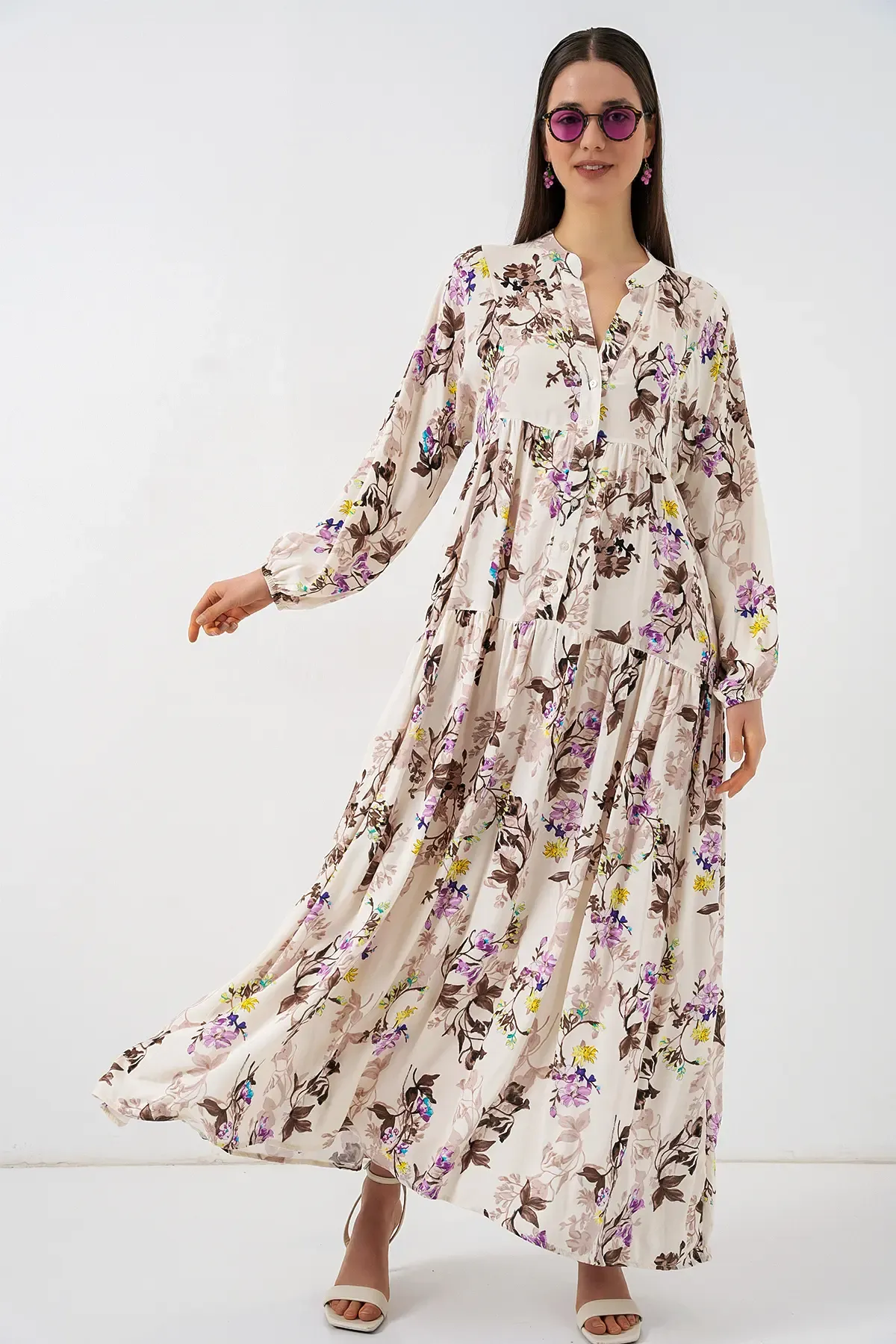 Kadın Desenli Uzun Tesettür Elbise 2585 - I. Kahverengi