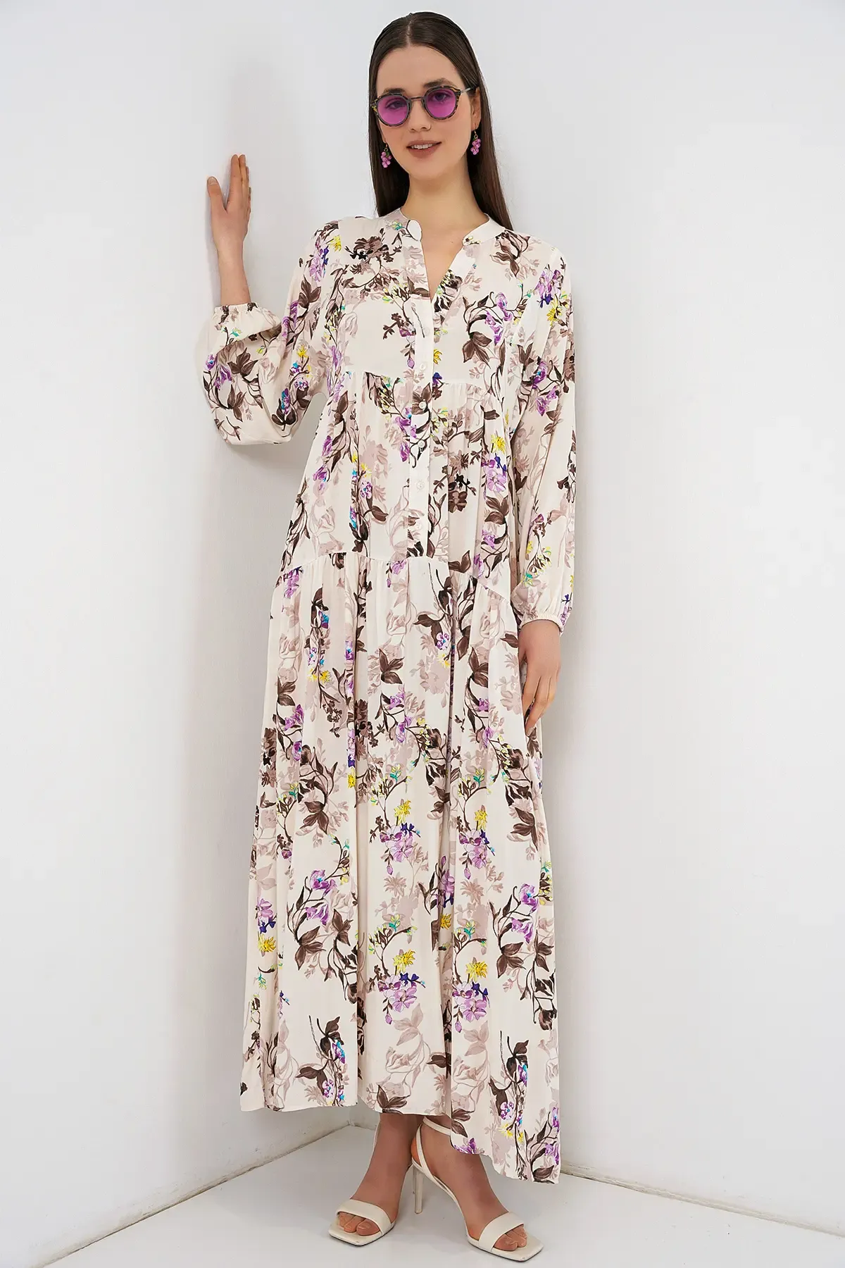 Kadın Desenli Uzun Tesettür Elbise 2585 - I. Kahverengi