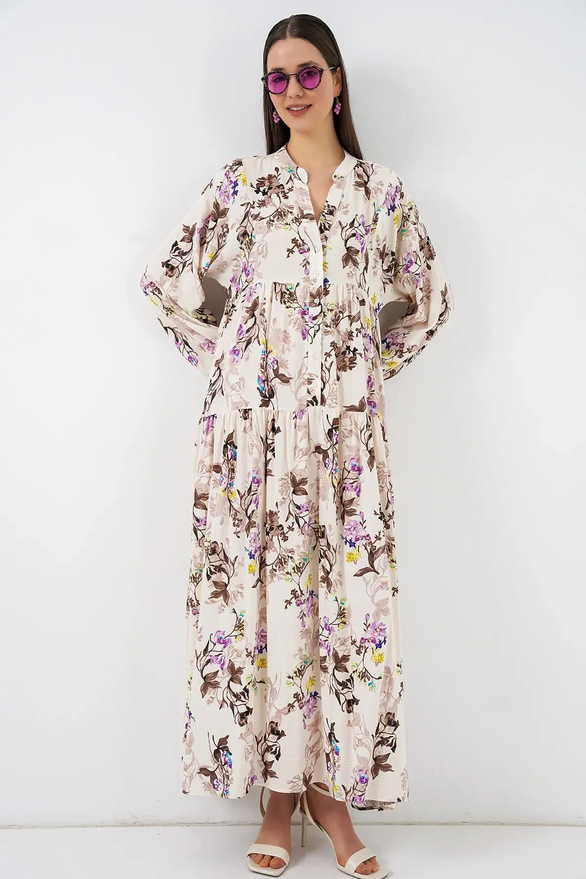 Kadın Desenli Uzun Tesettür Elbise 2585 - I. Kahverengi