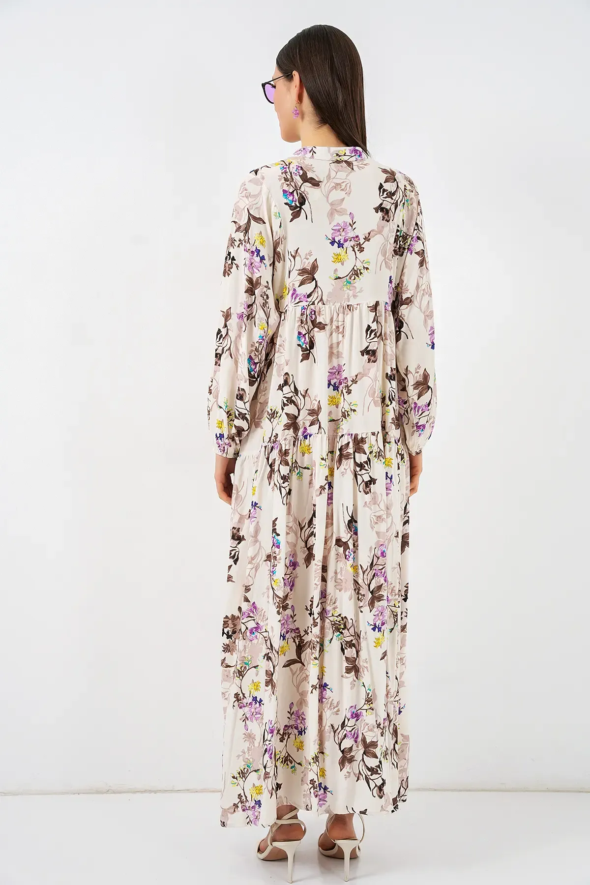 Kadın Desenli Uzun Tesettür Elbise 2585 - I. Kahverengi