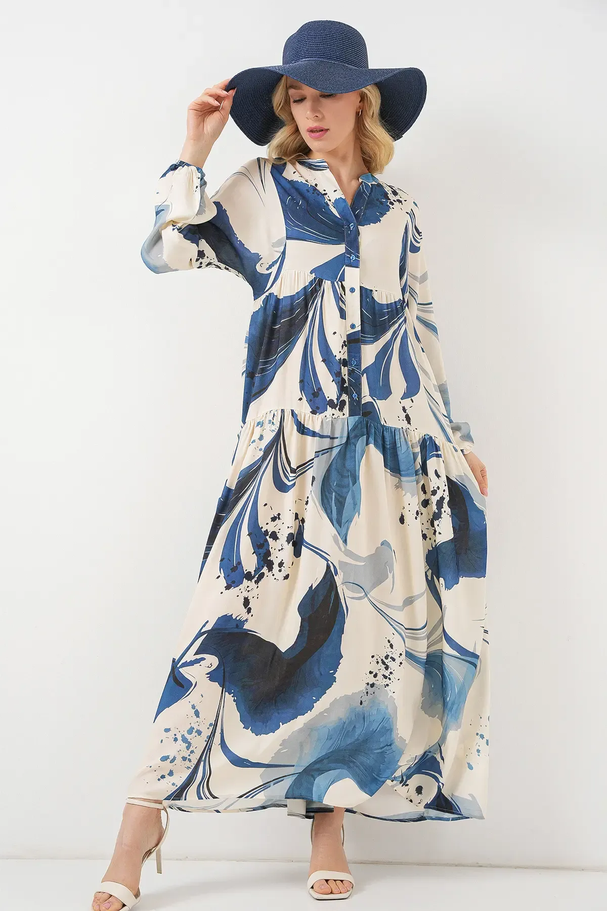 Kadın Desenli Uzun Tesettür Elbise 2585 - Lacivert