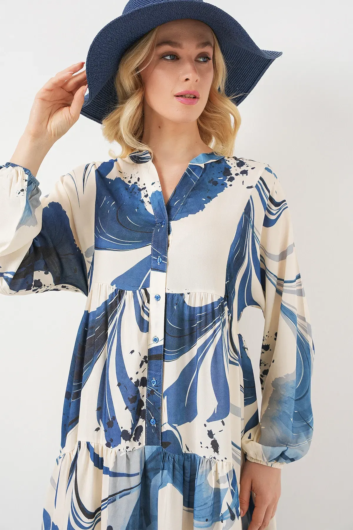 Kadın Desenli Uzun Tesettür Elbise 2585 - Lacivert