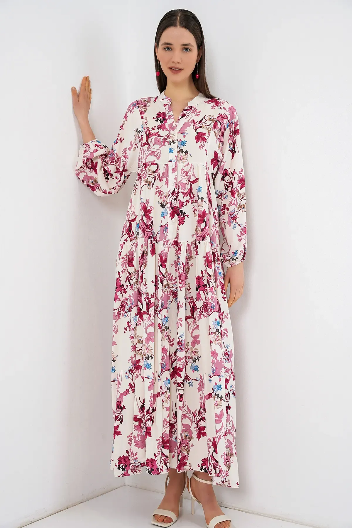 Kadın Desenli Uzun Tesettür Elbise 2585 - M. Kırmızı