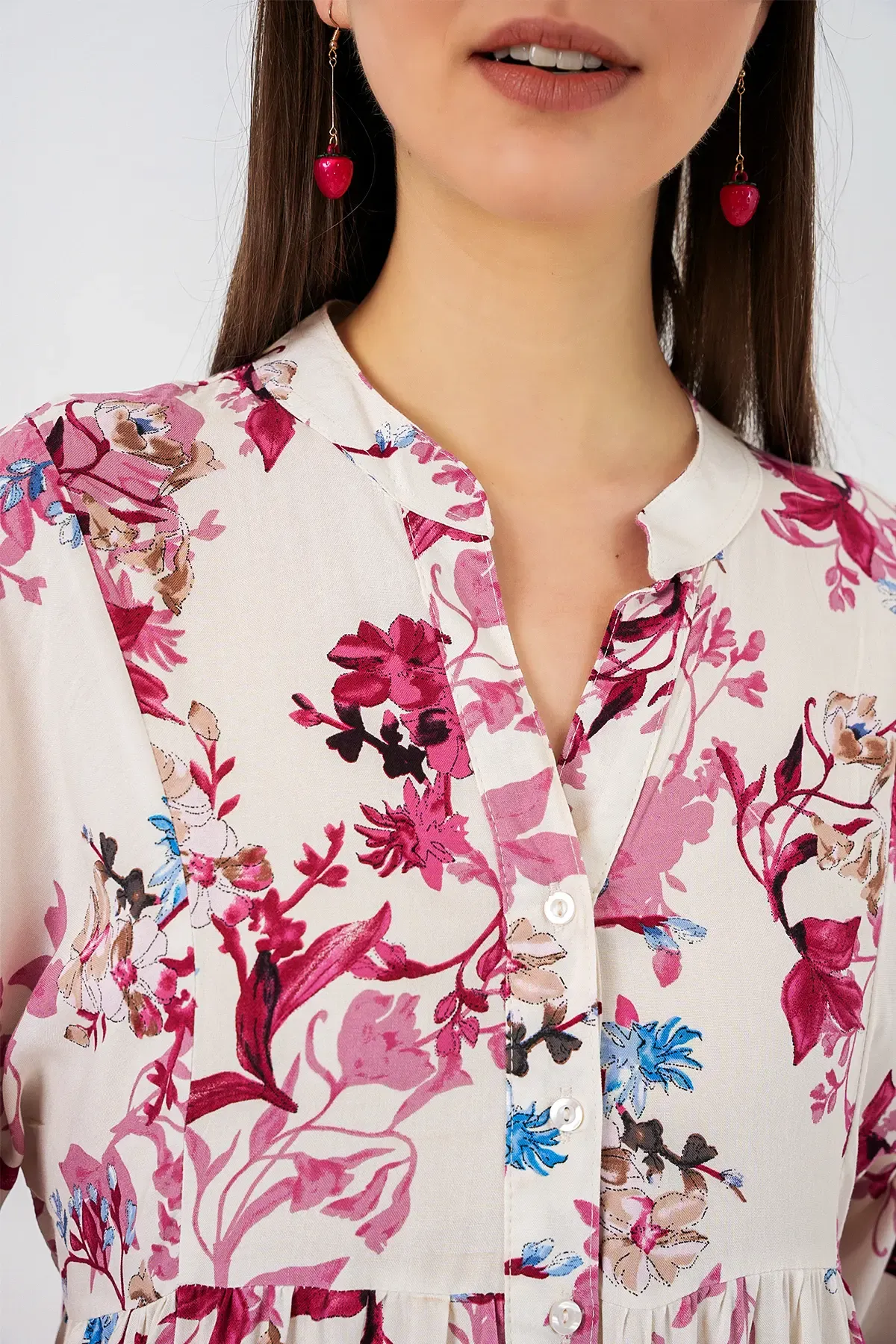 Kadın Desenli Uzun Tesettür Elbise 2585 - M. Kırmızı