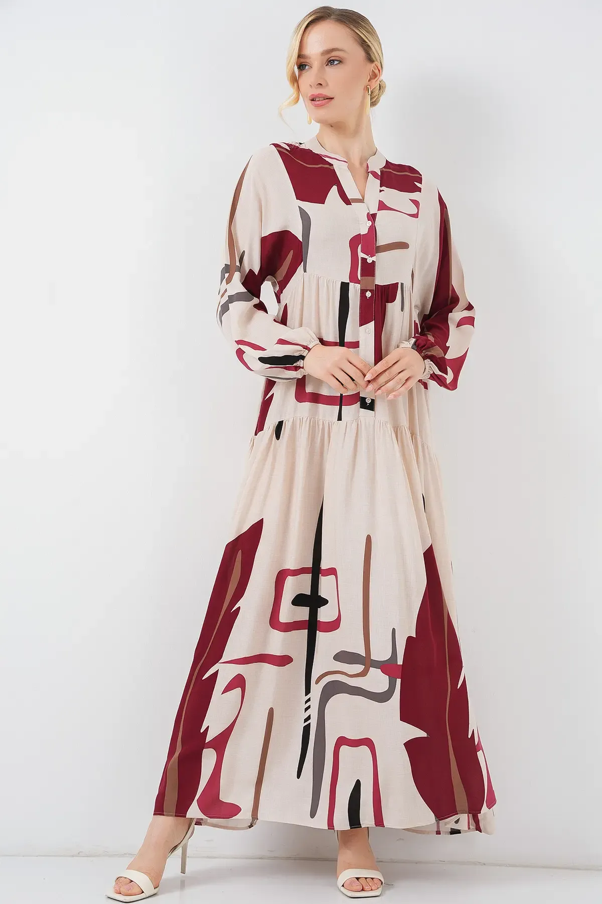 Kadın Desenli Uzun Tesettür Elbise 2585 - M. Krem