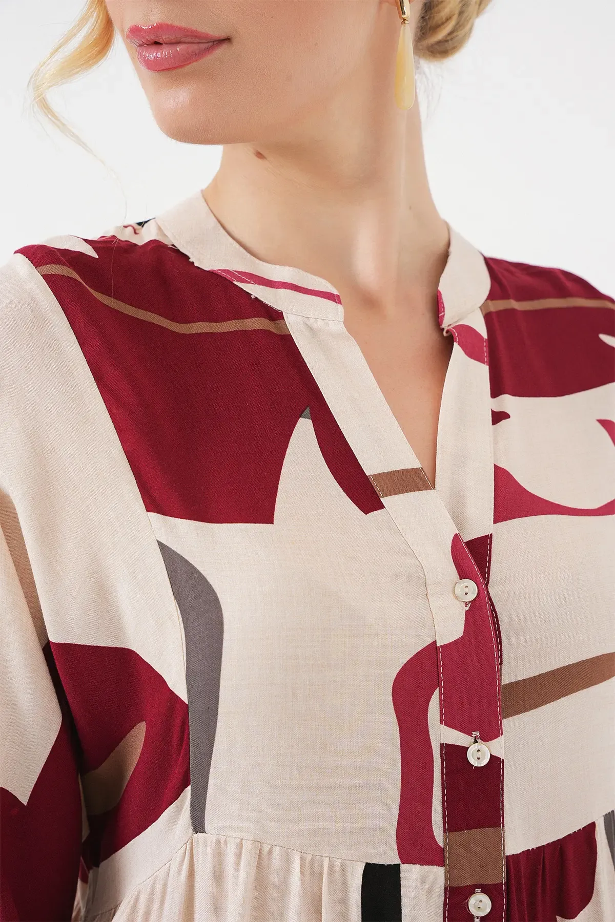 Kadın Desenli Uzun Tesettür Elbise 2585 - M. Krem