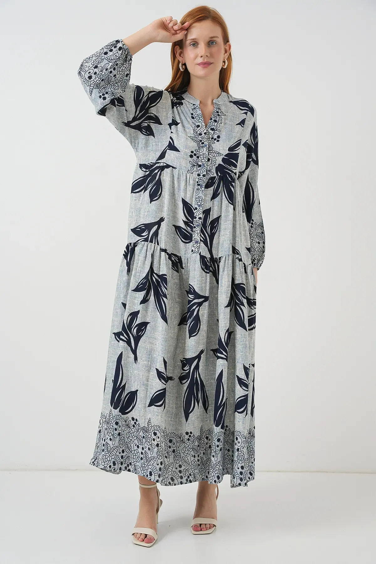 Kadın Desenli Uzun Tesettür Elbise 2585 - Mavi - Lacivert