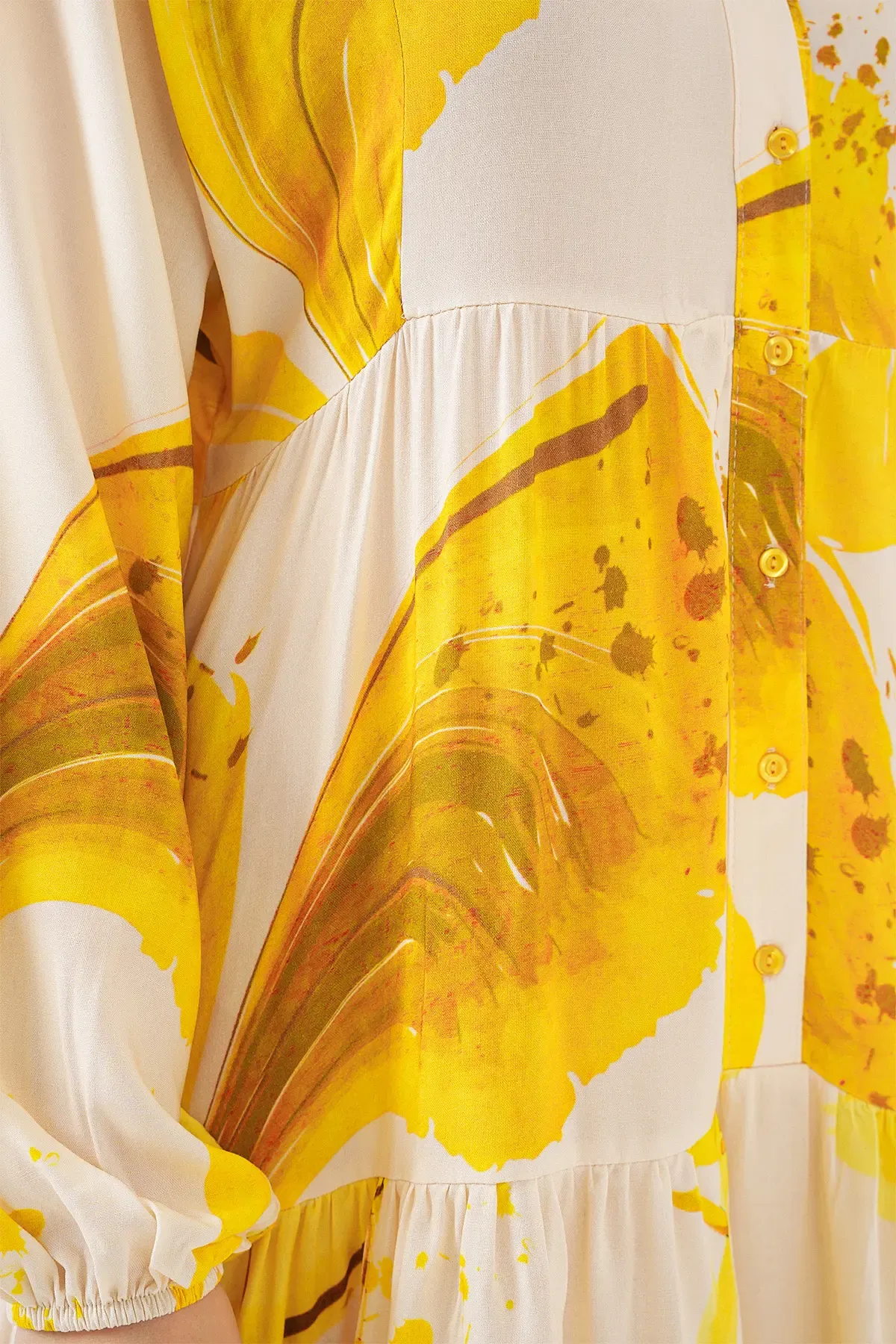 Kadın Desenli Uzun Tesettür Elbise 2585 - Sarı