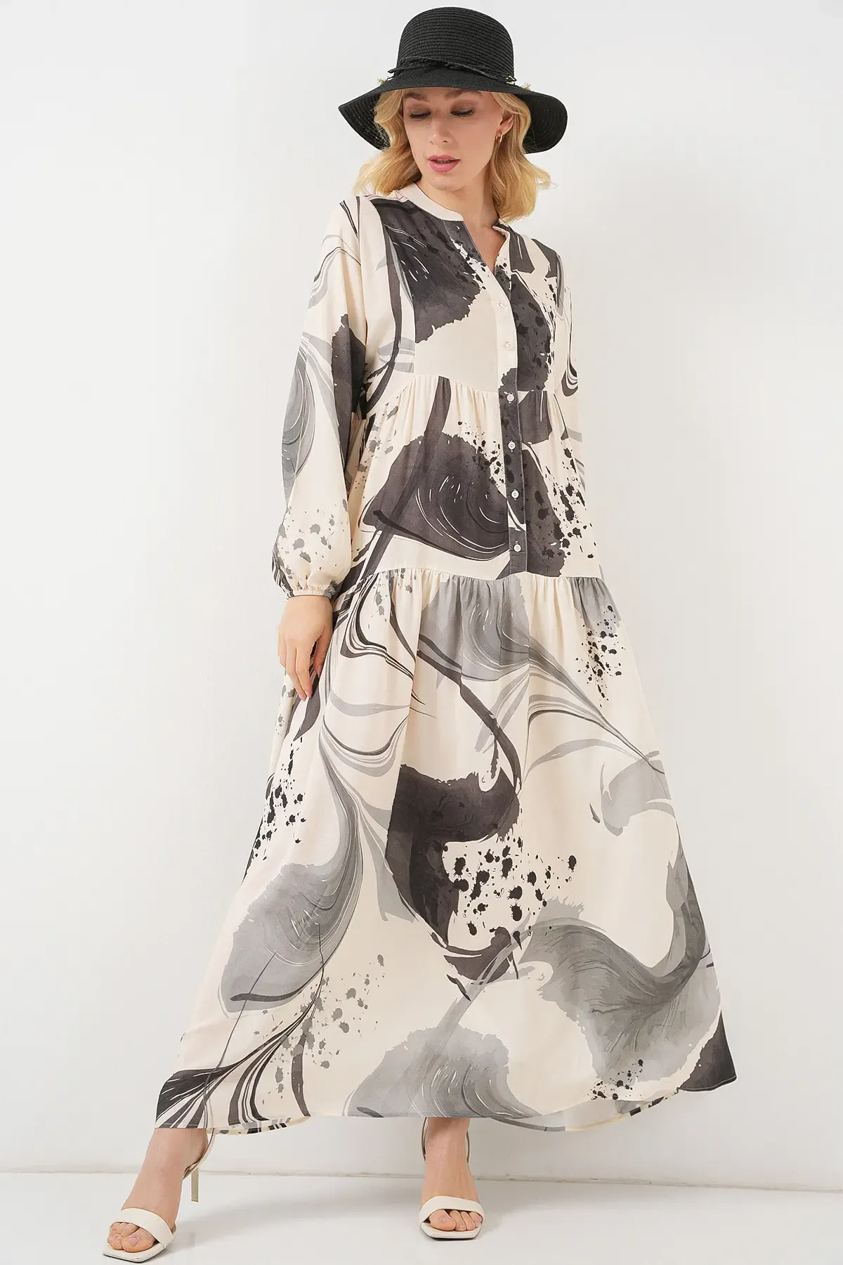 Kadın Desenli Uzun Tesettür Elbise 2585 - Siyah