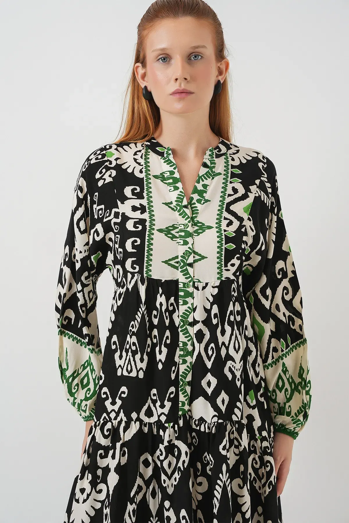 Kadın Desenli Uzun Tesettür Elbise 2585 - Siyah - Yeşil