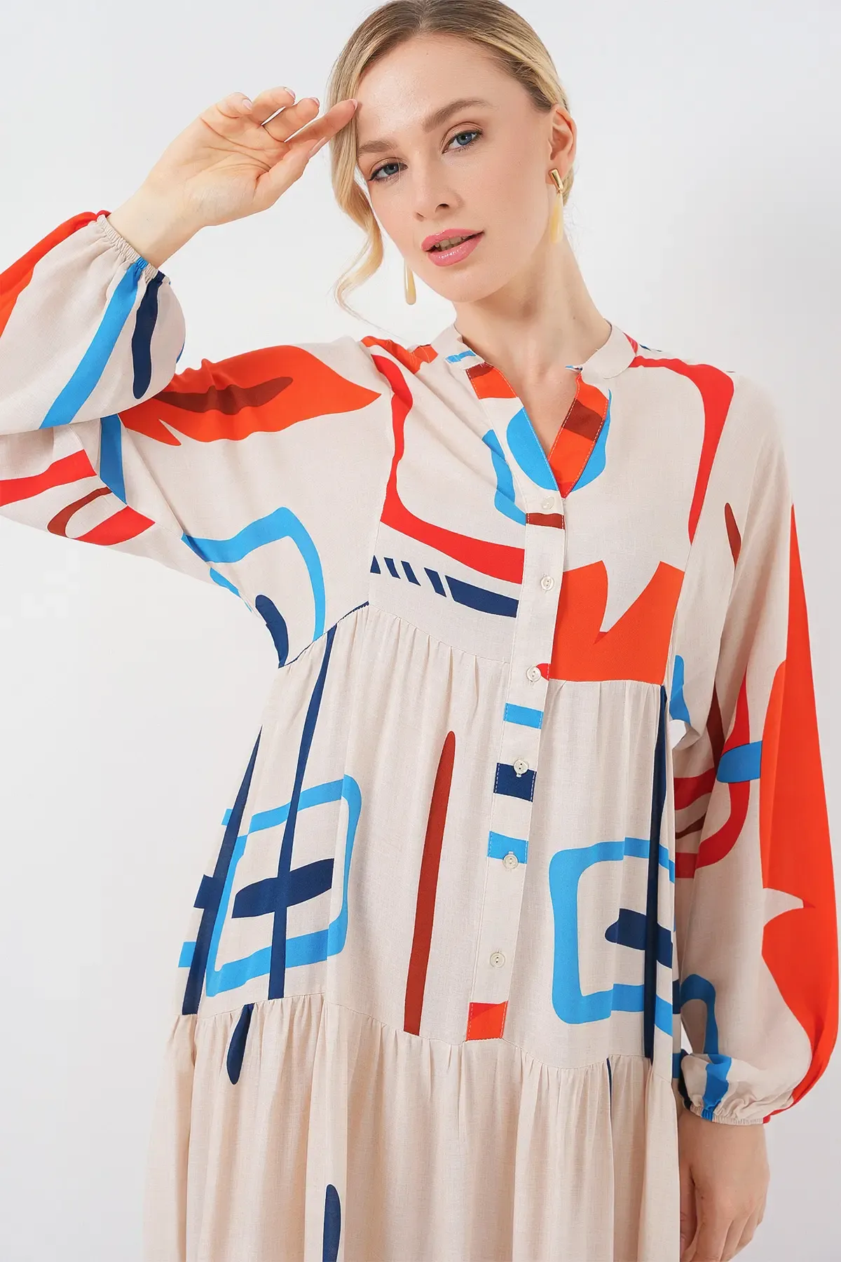 Kadın Desenli Uzun Tesettür Elbise 2585 - Turuncu