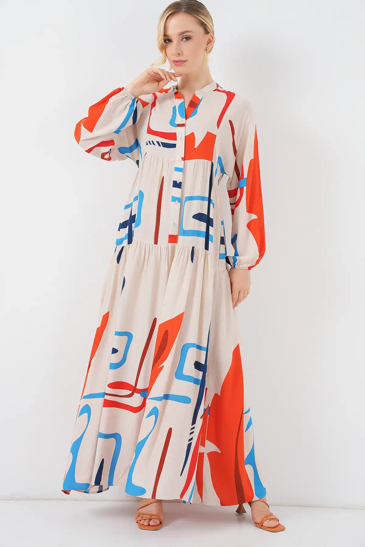 Kadın Desenli Uzun Tesettür Elbise 2585 - Turuncu