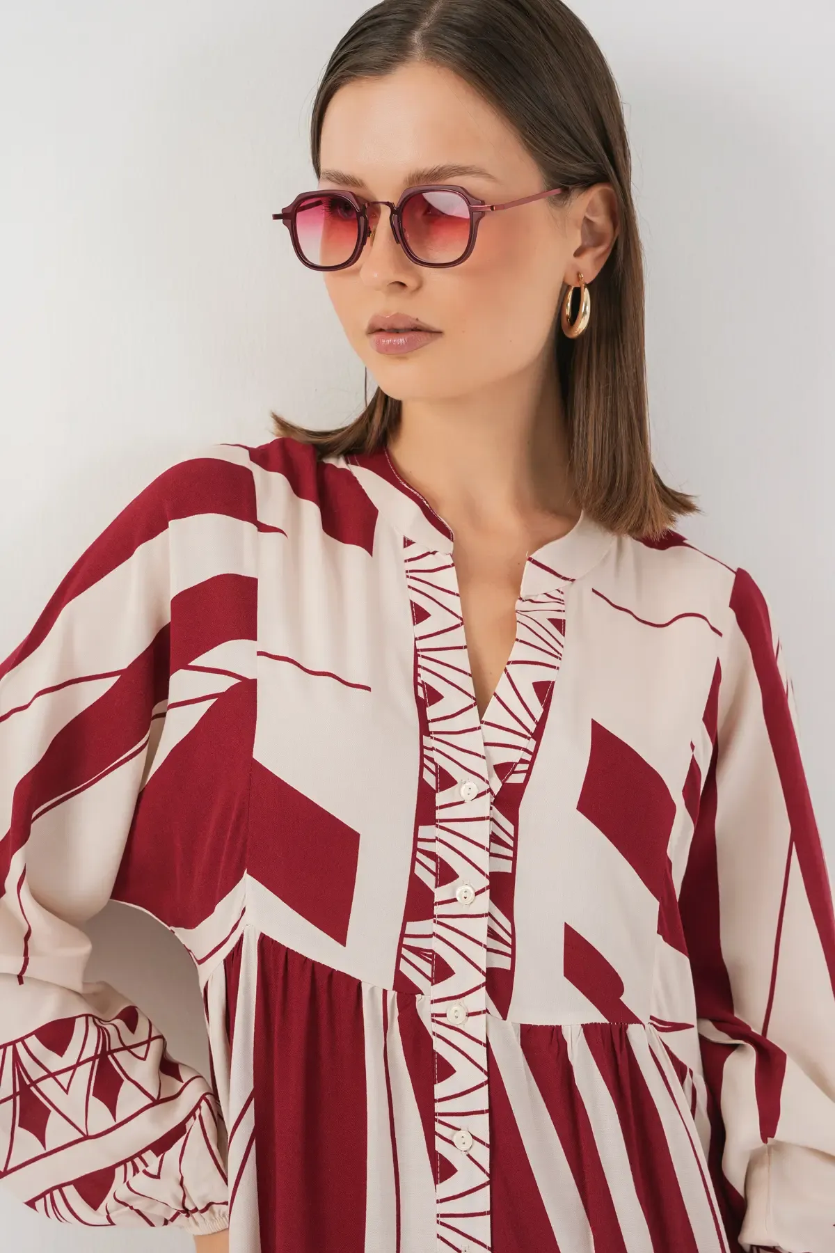 Kadın Desenli Uzun Tesettür Elbise 2585 - Y.Bordo