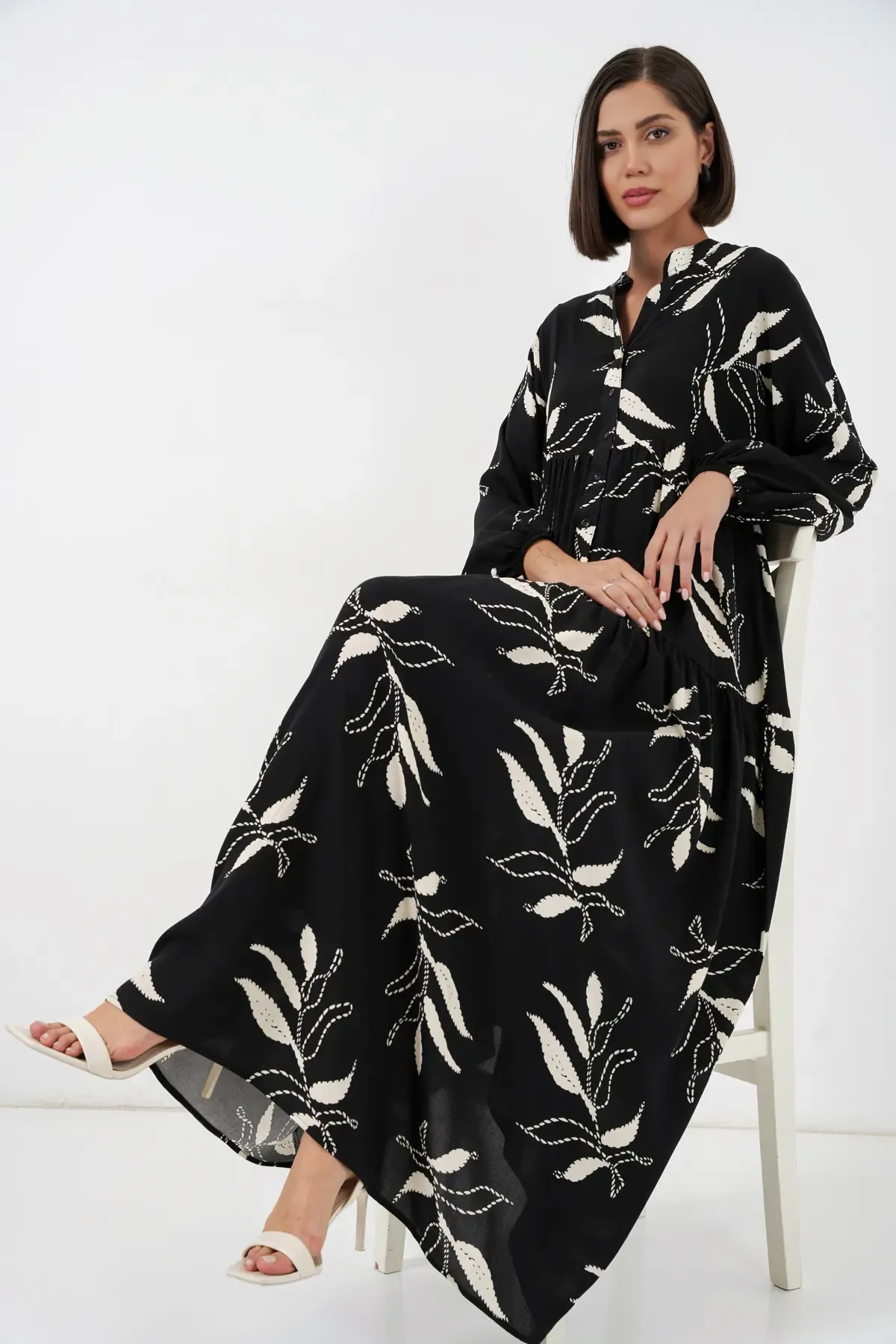 Kadın Desenli Uzun Tesettür Elbise 2585 - Y.Siyah