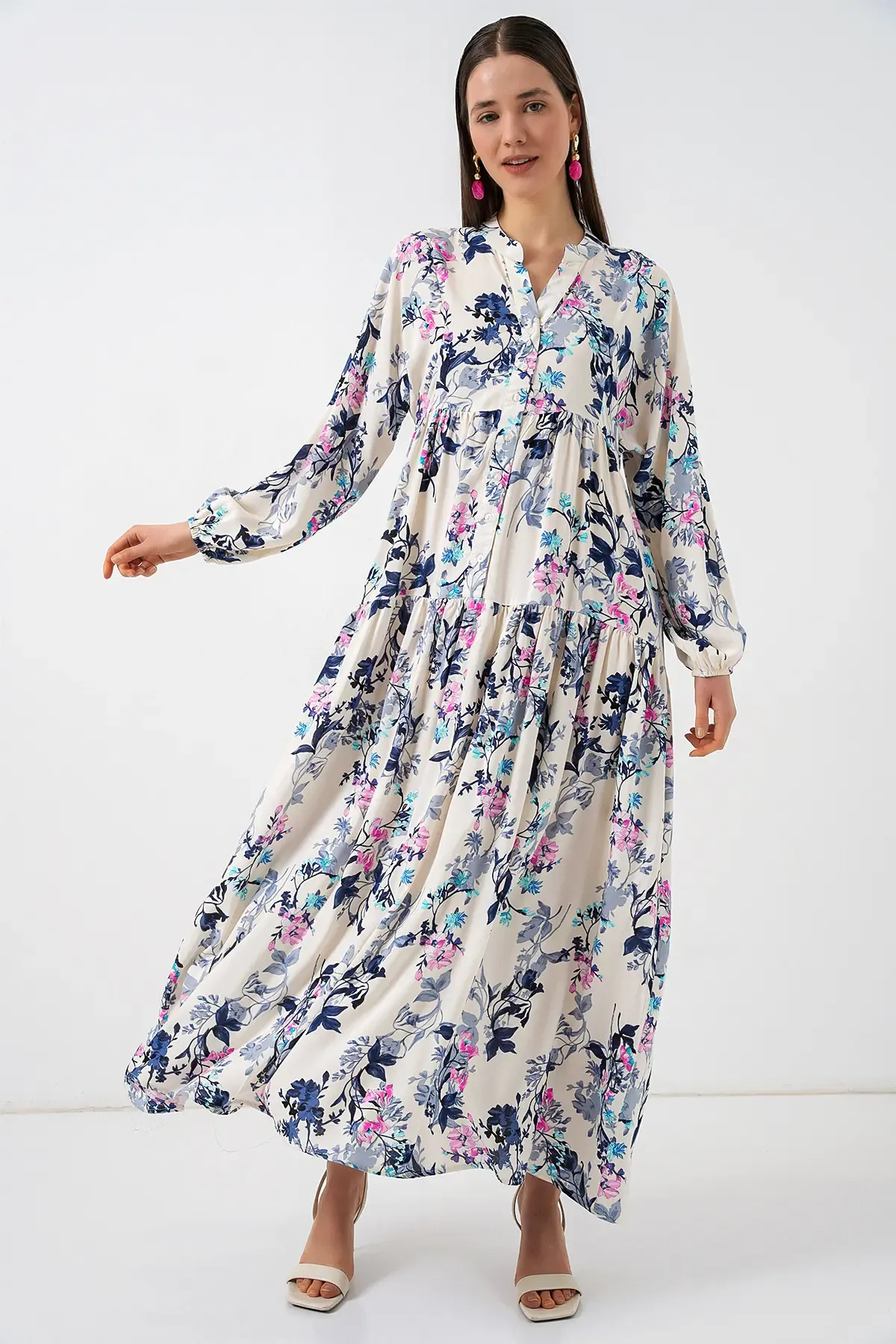 Kadın Desenli Uzun Tesettür Elbise 2585 - Z.Lacivert