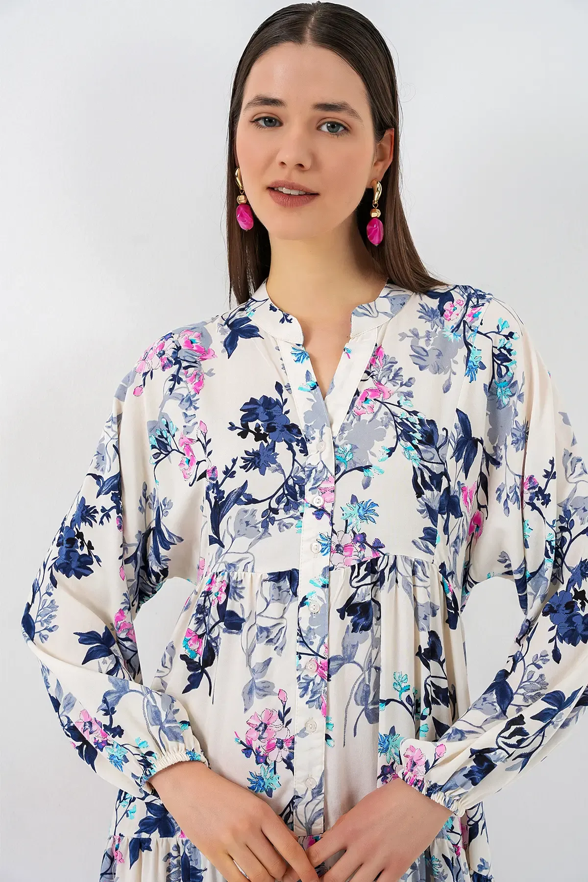 Kadın Desenli Uzun Tesettür Elbise 2585 - Z.Lacivert