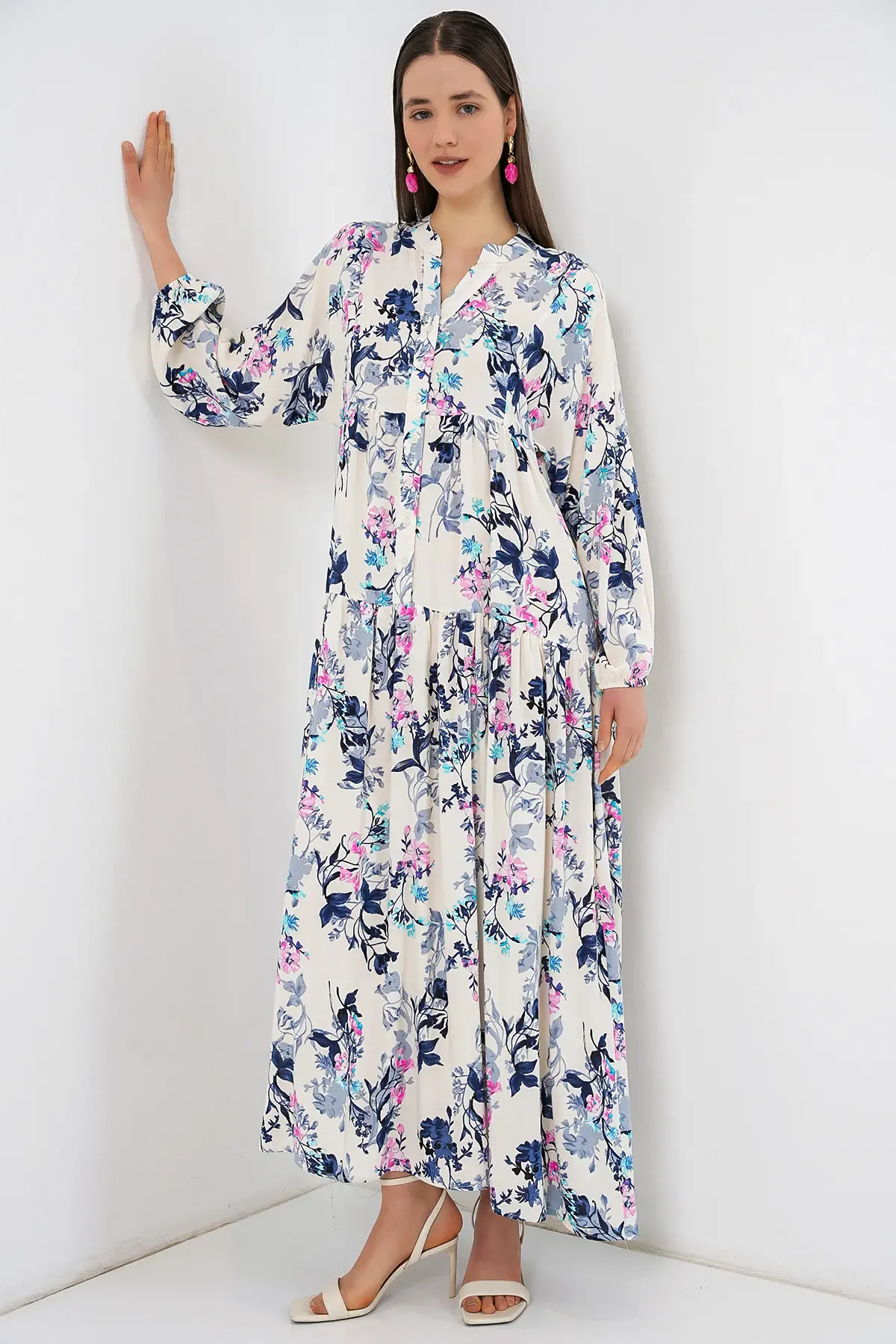 Kadın Desenli Uzun Tesettür Elbise 2585 - Z.Lacivert