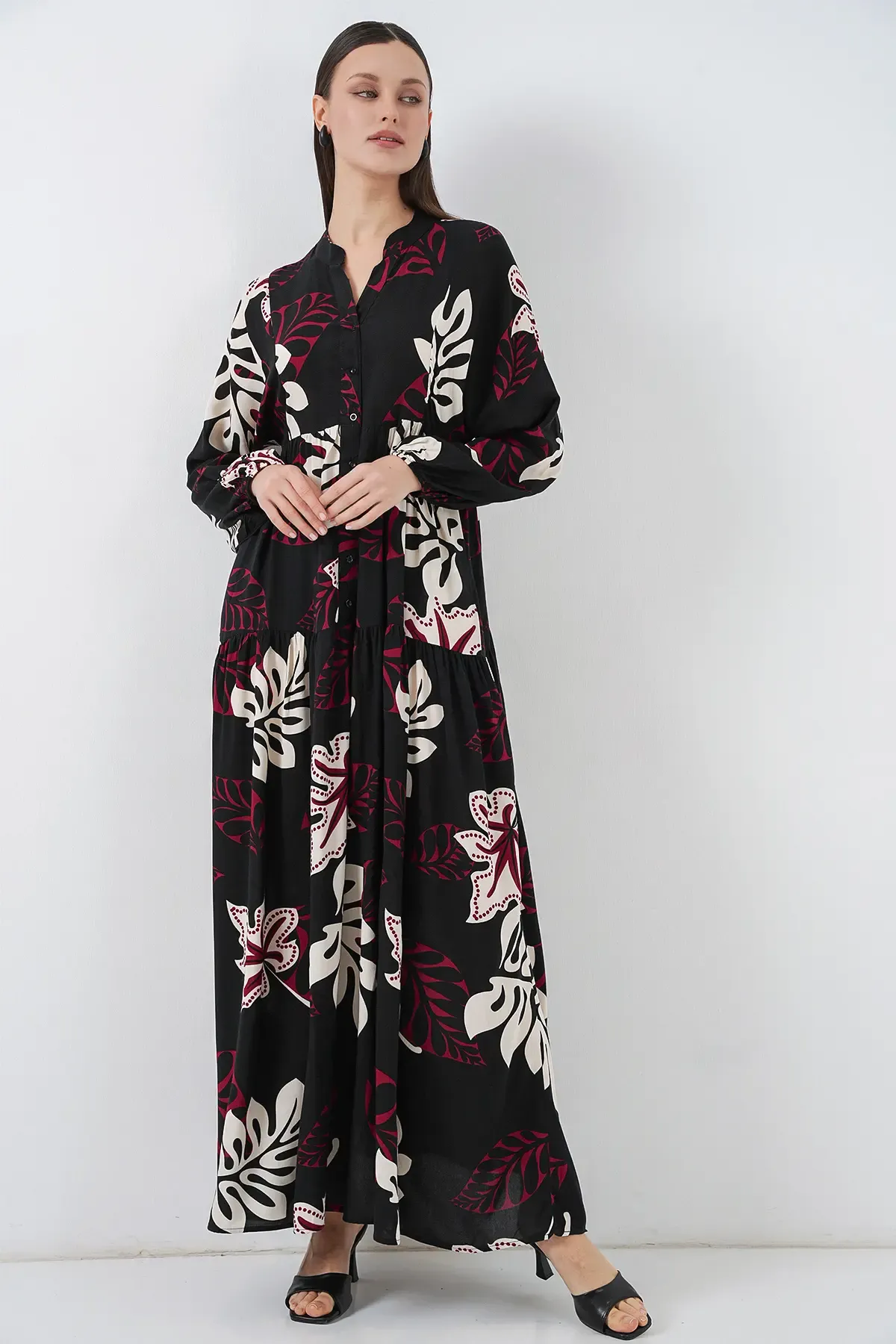 Kadın Desenli Uzun Tesettür Elbise 2585 - Z.Siyah