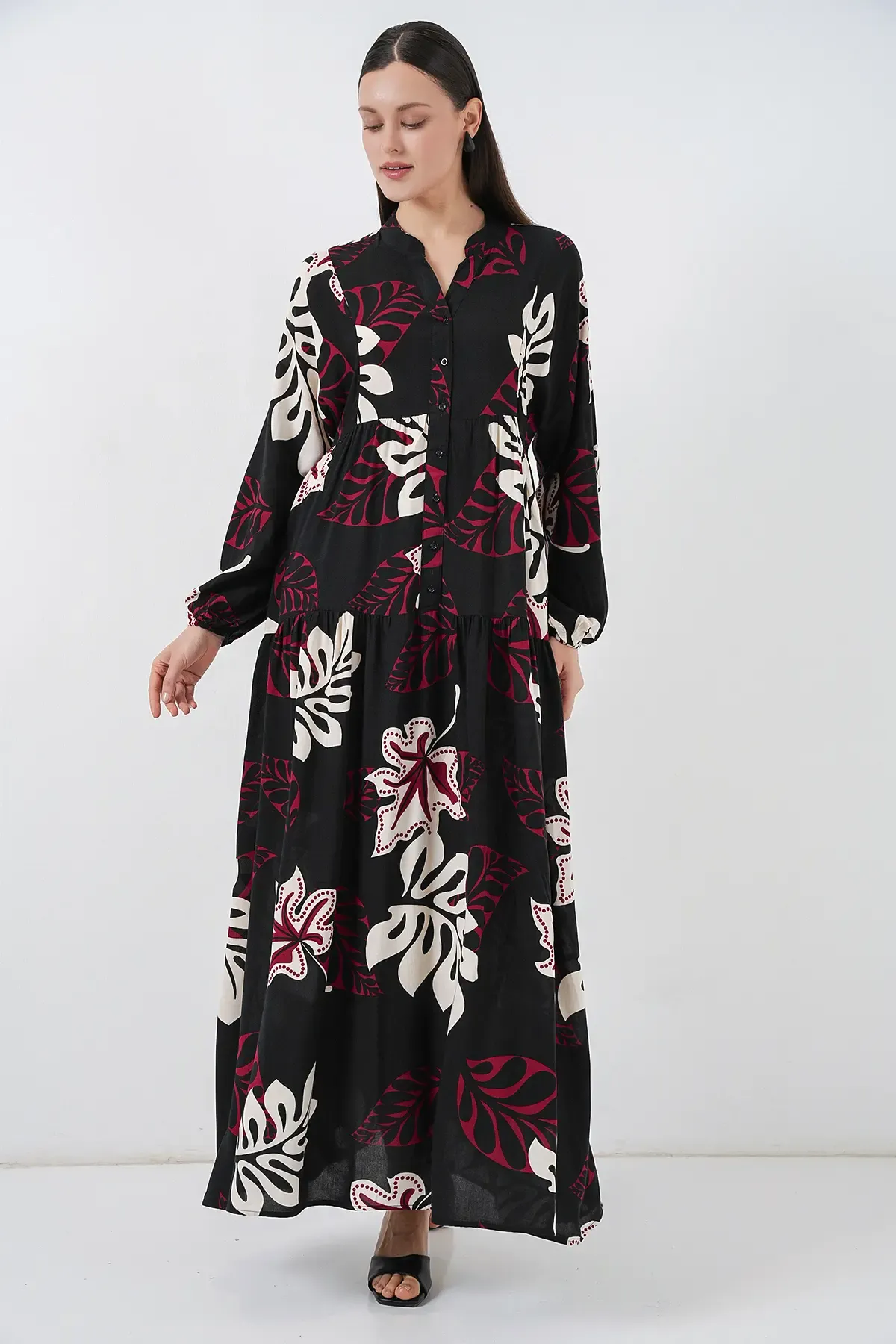 Kadın Desenli Uzun Tesettür Elbise 2585 - Z.Siyah