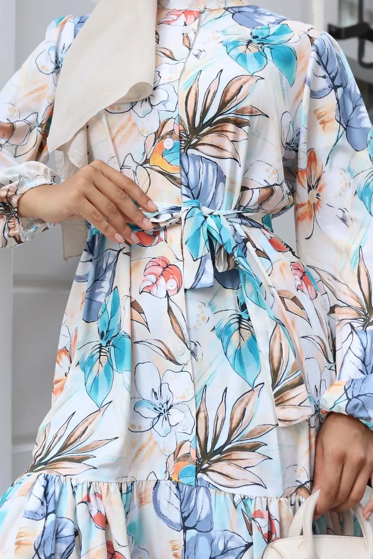 Kadın Desenli Uzun Tesettür Elbise 2586 - Mint