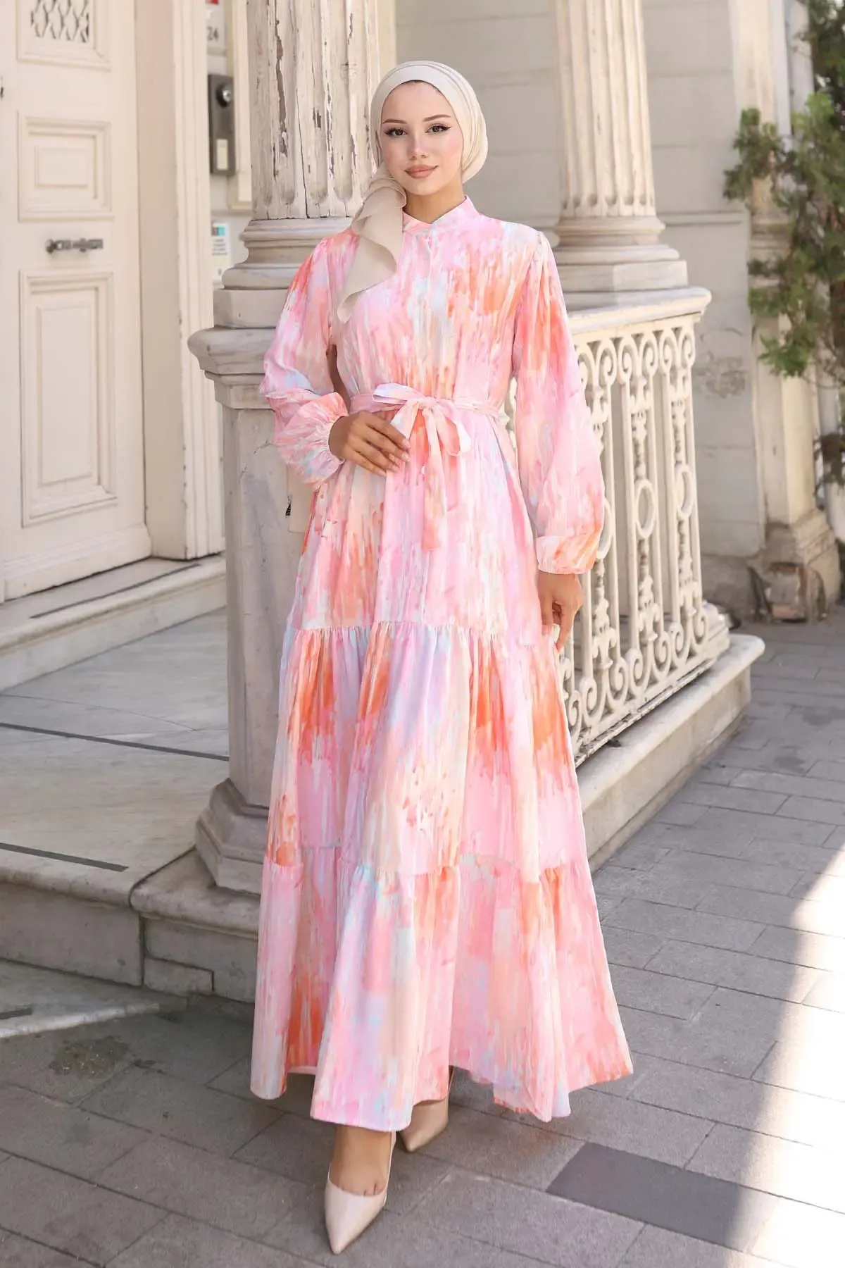 Kadın Desenli Uzun Tesettür Elbise 2586 - Pembe