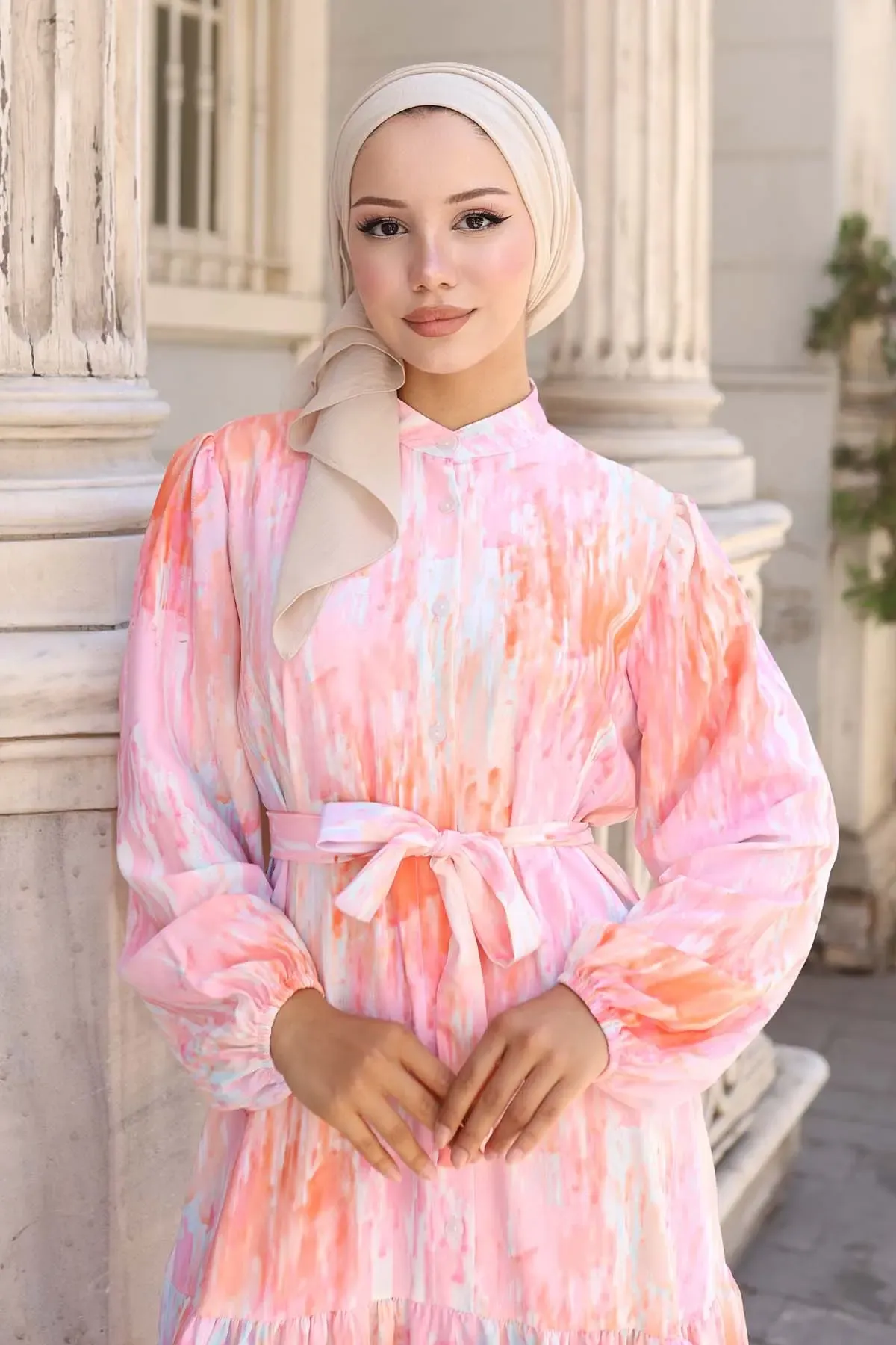 Kadın Desenli Uzun Tesettür Elbise 2586 - Pembe